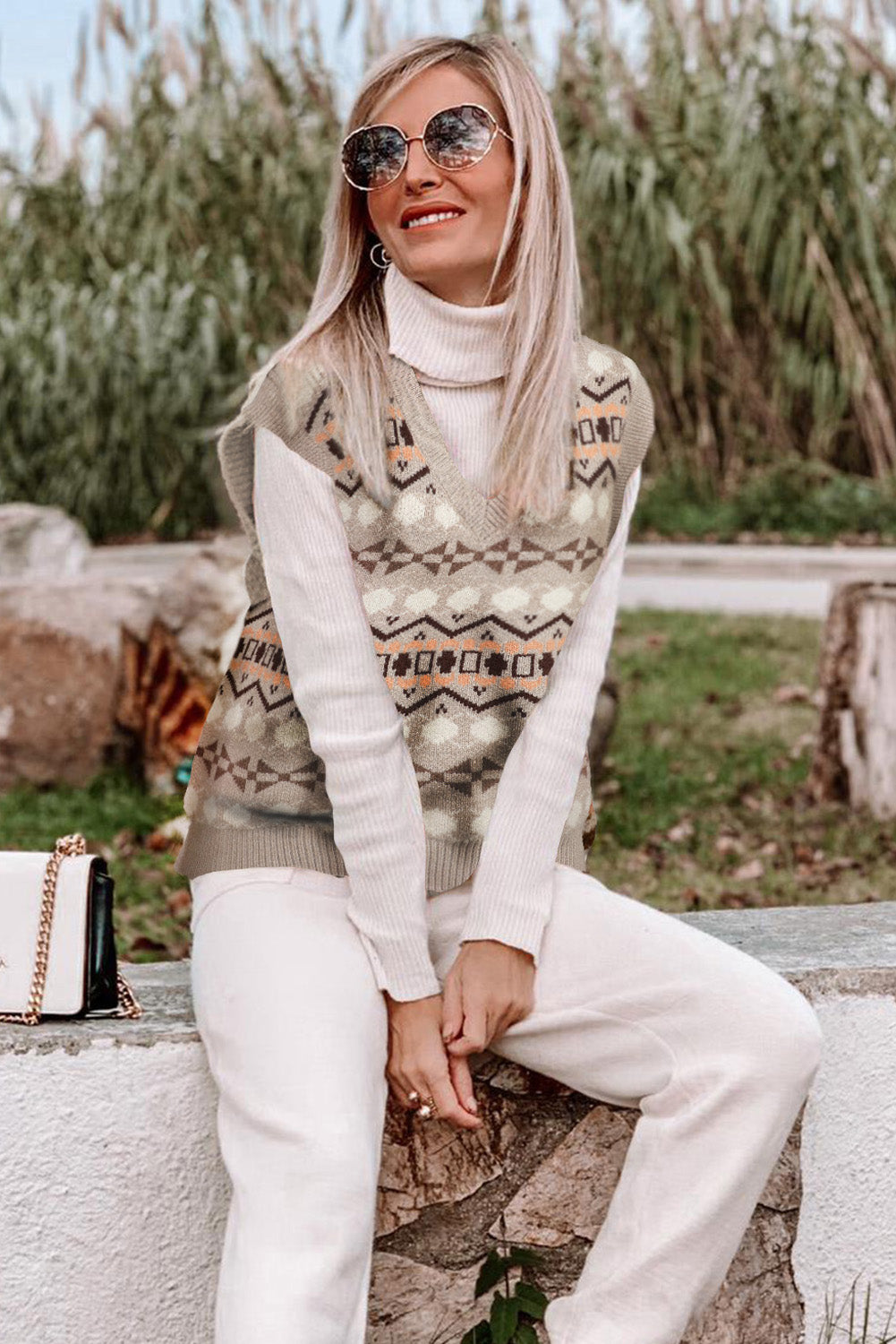 Khaki Tribal Print V Neck Knitted Sweater Vest