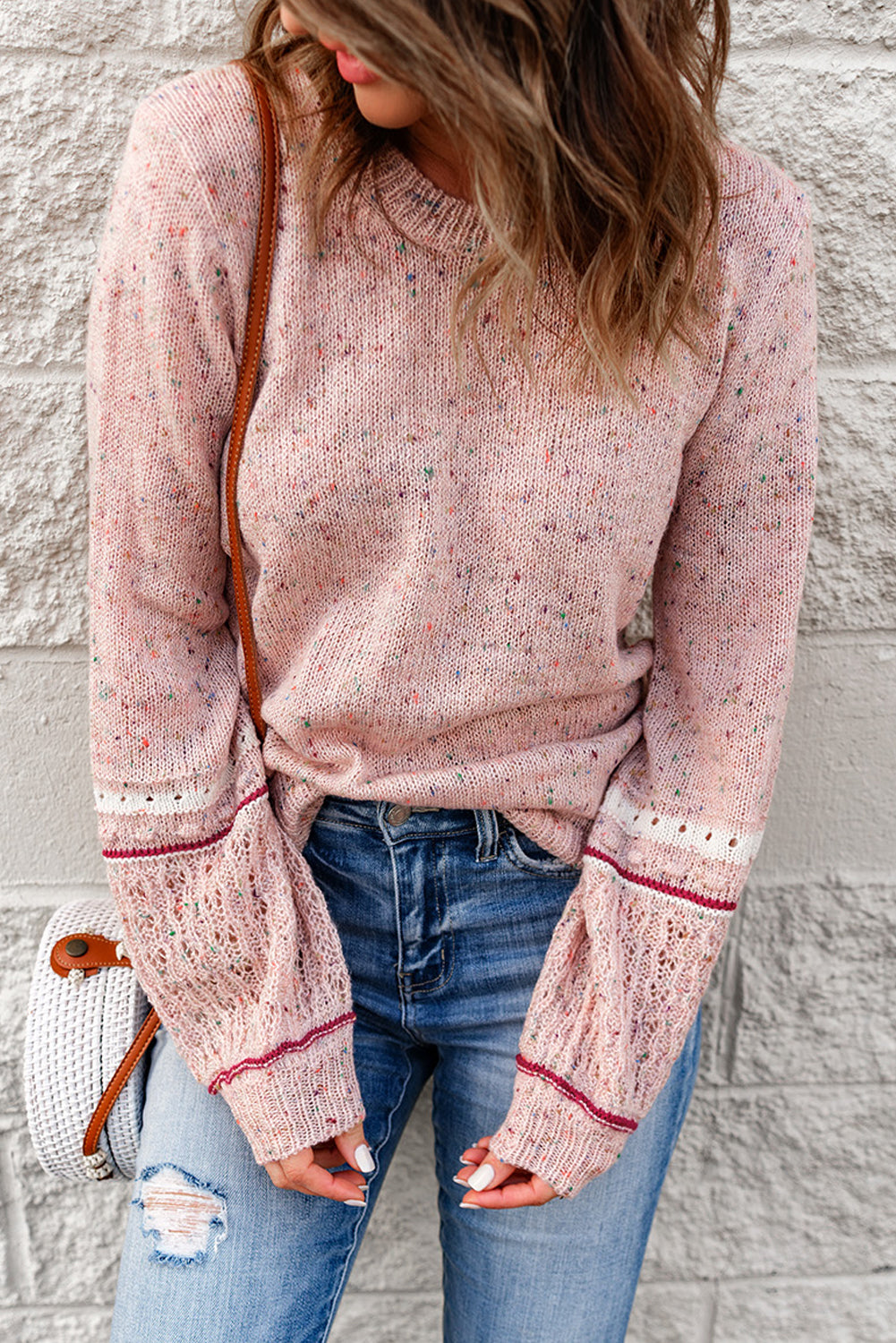 Pink Pilling Detail Patterned Sleeve Sweater