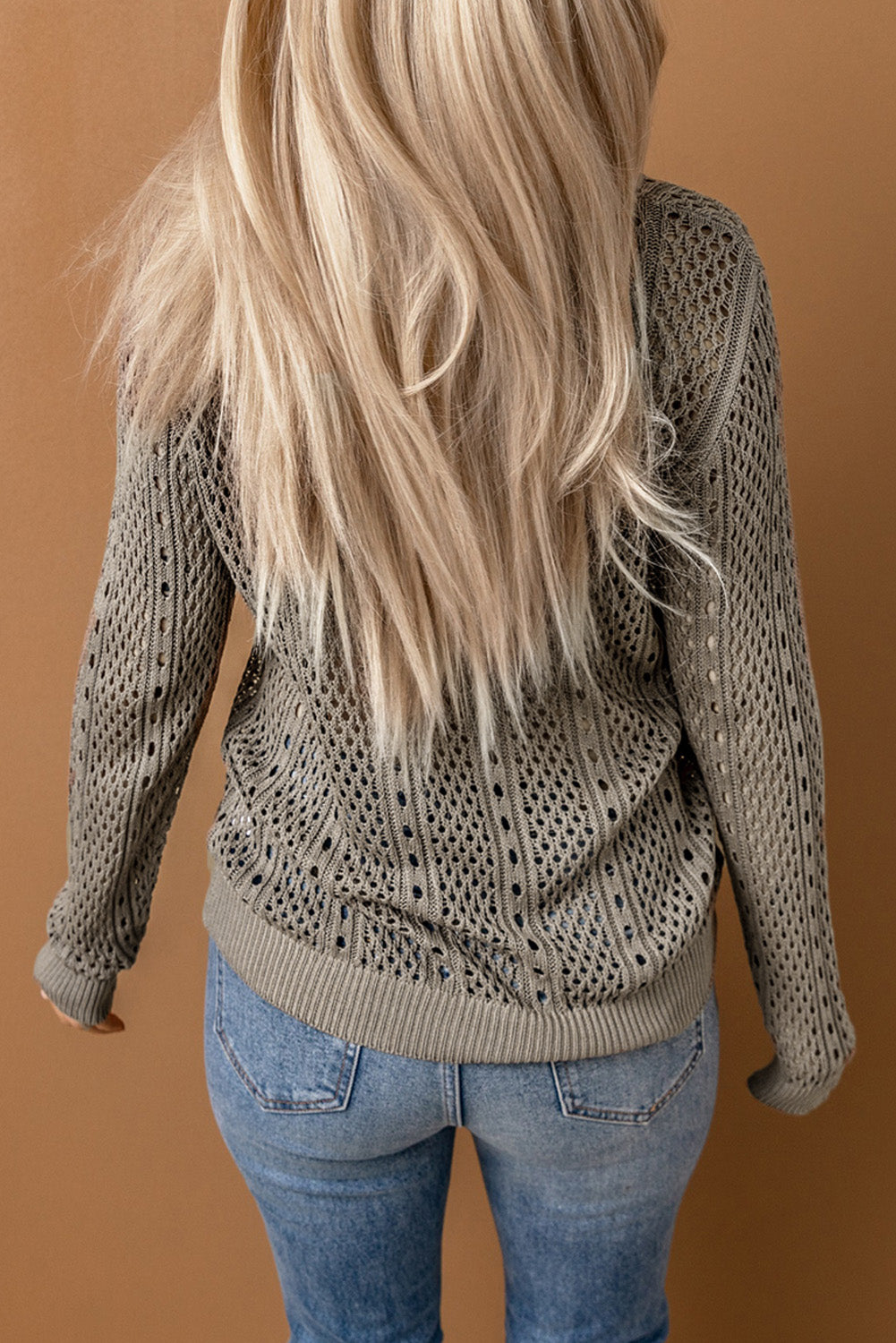 Khaki Hollow-out Chain Neckline Knit Sweater