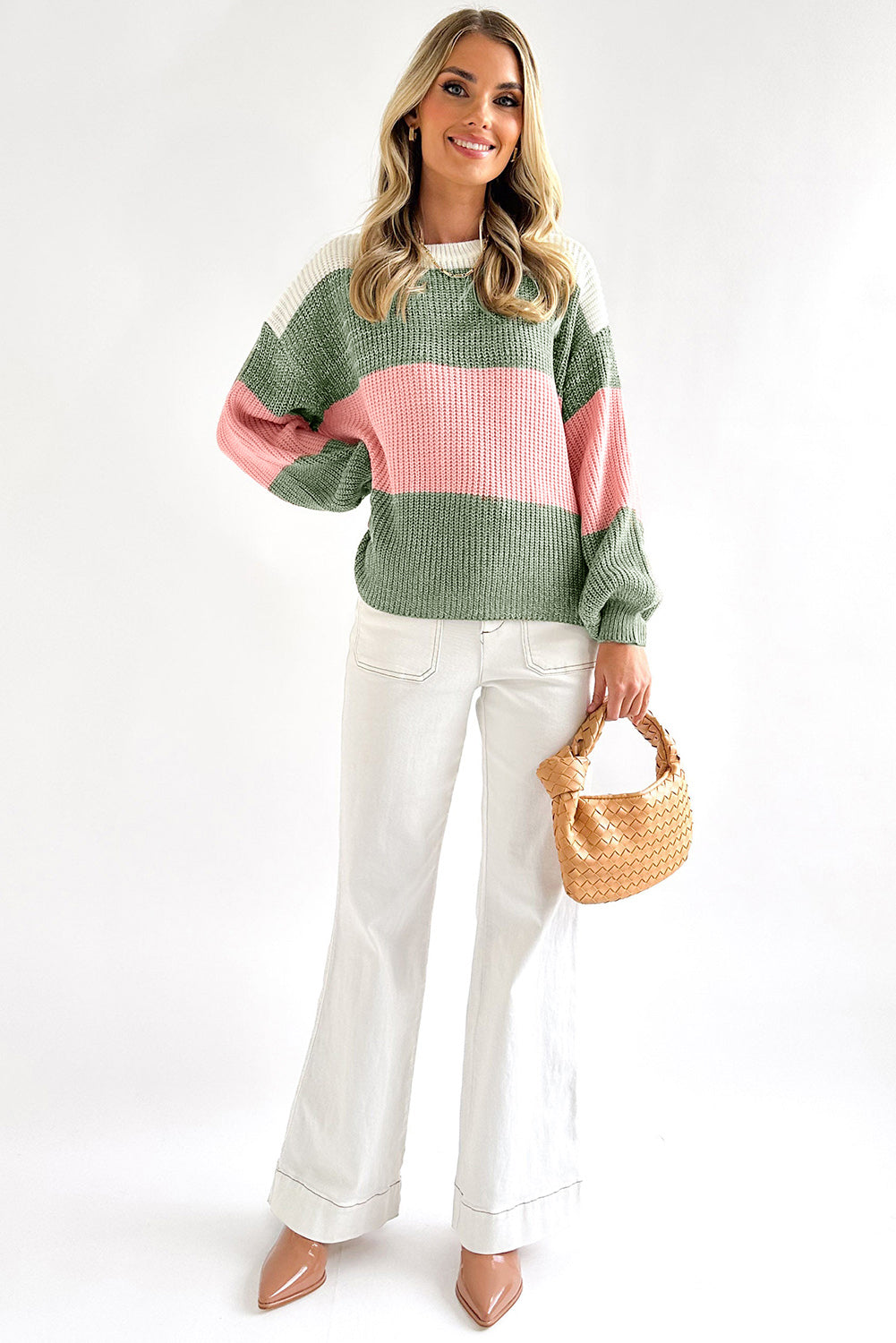 Green Colorblock Drop Shoulder Pullover Loose Sweater