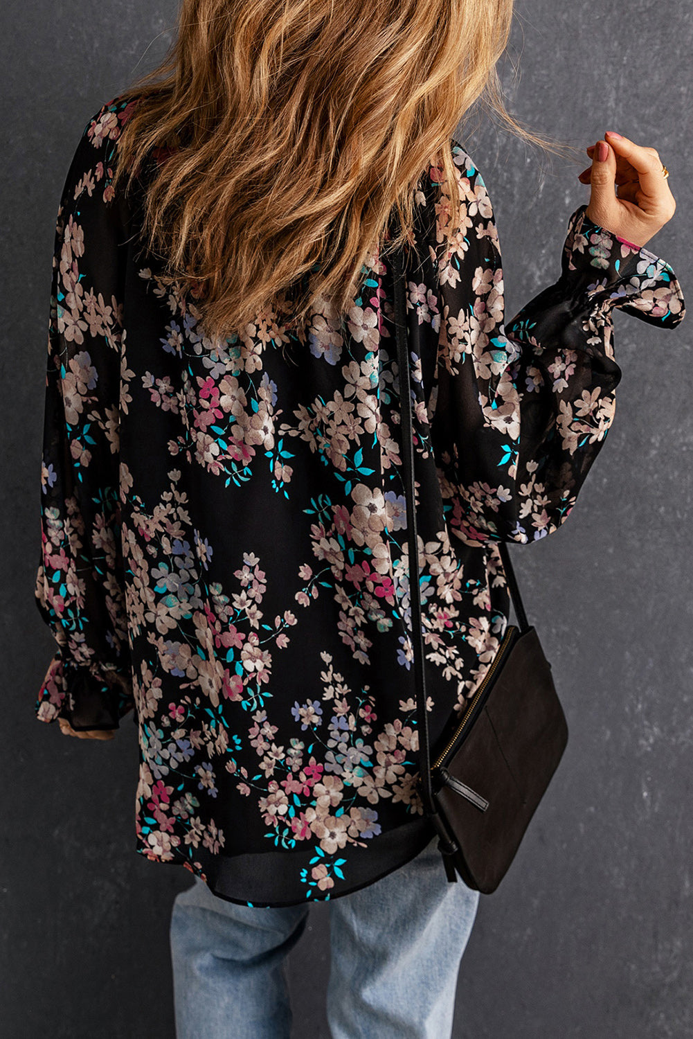 Black Wildflower Print Chiffon Blouse