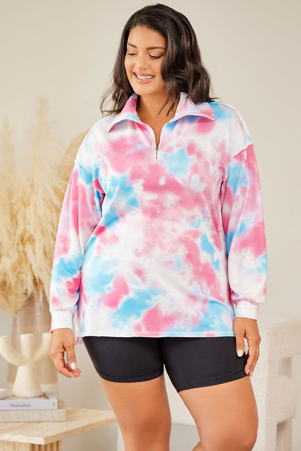 Multicolor Plus Size Tie-dye Zipped Collared Pullover Sweatshirt