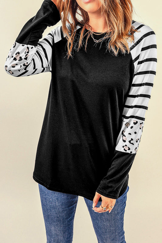 Black Striped Animal Print Colorblock Long Sleeve Top