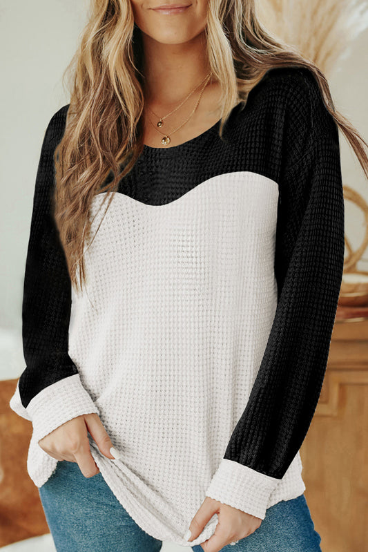 Black Contrast Color Waffle Knit Long Sleeve Top