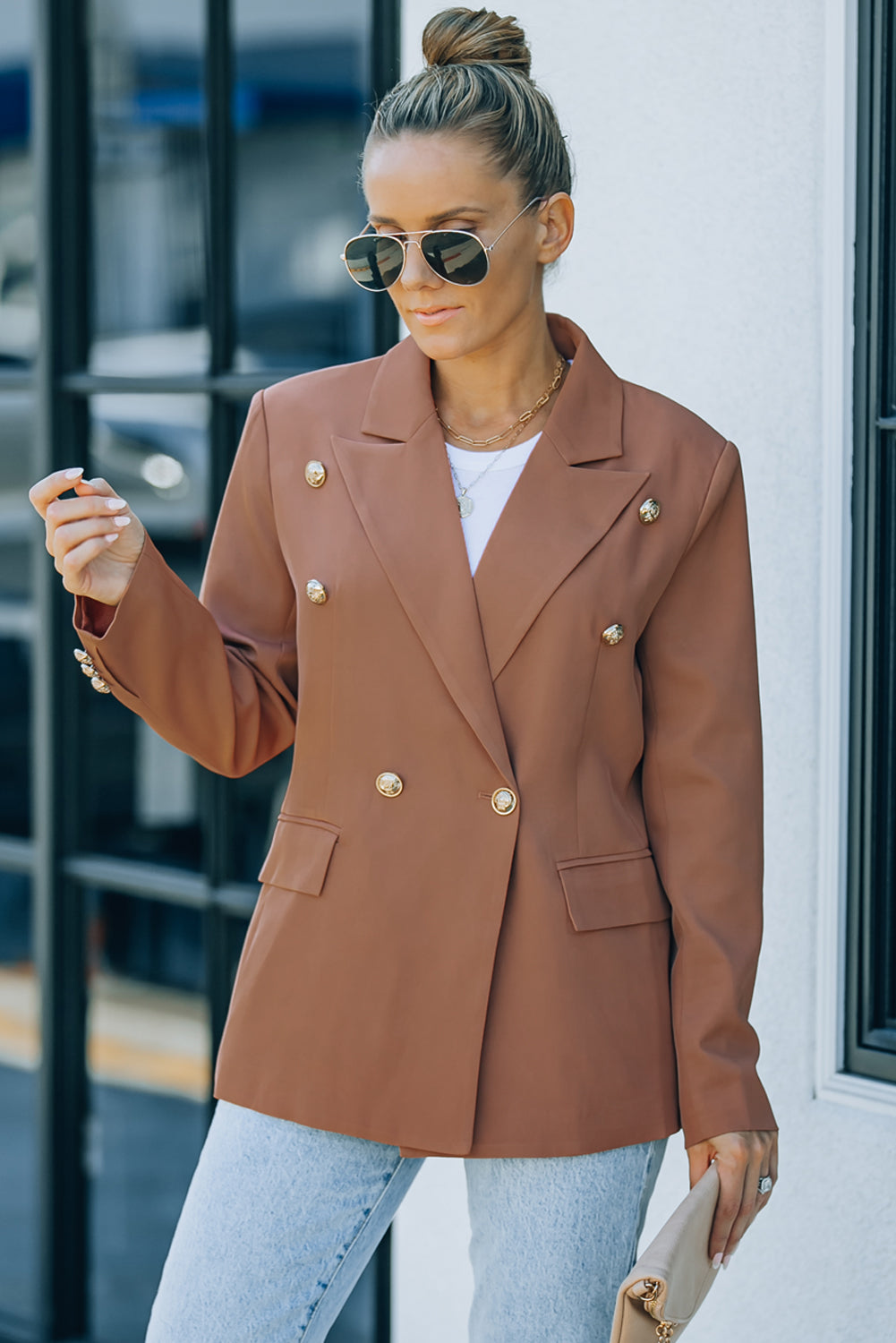 Brown Double Breasted Lapel Long Sleeve Blazer