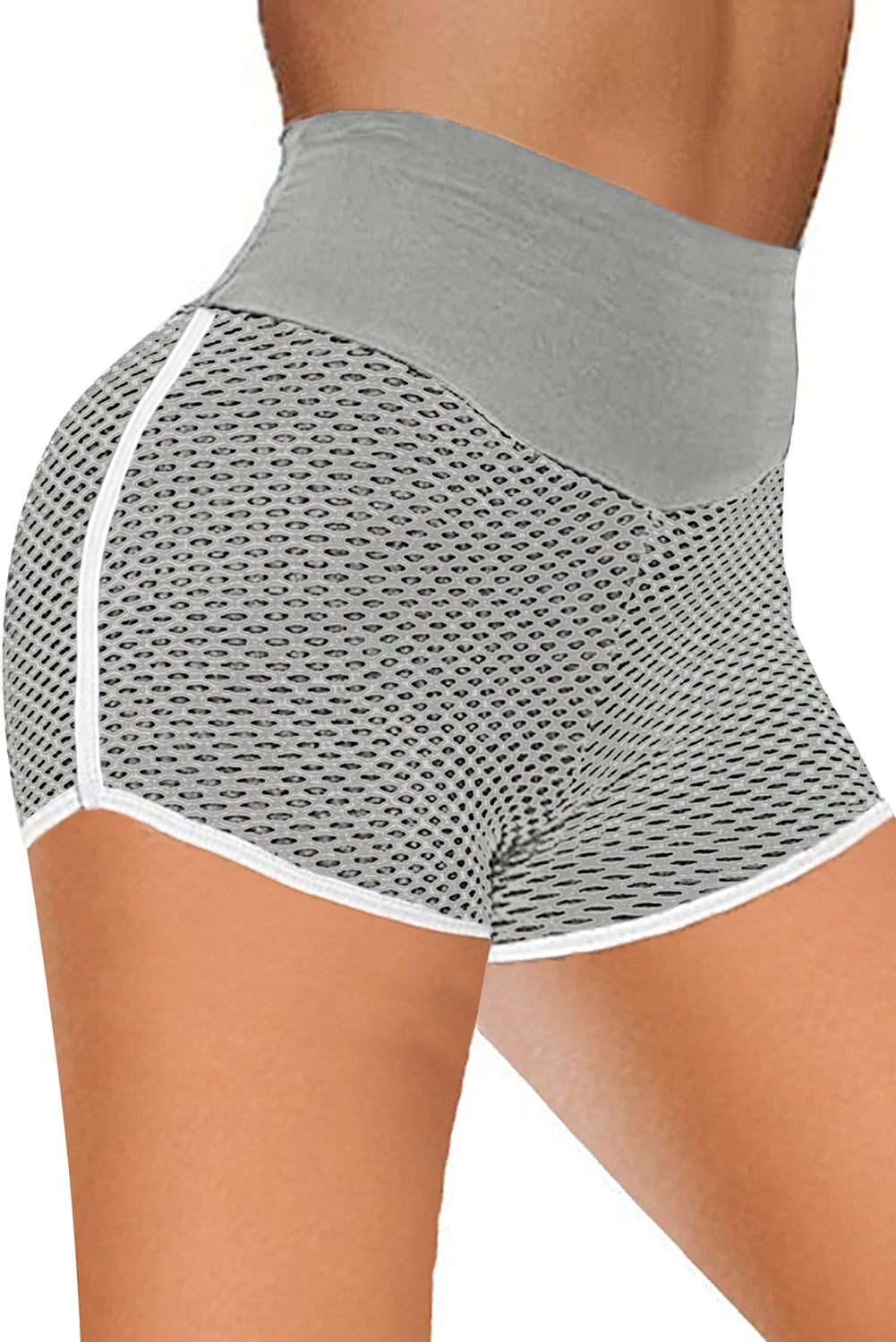 Gray High Waist Honeycomb Contrast Stripes Butt Lifting Yoga Shorts