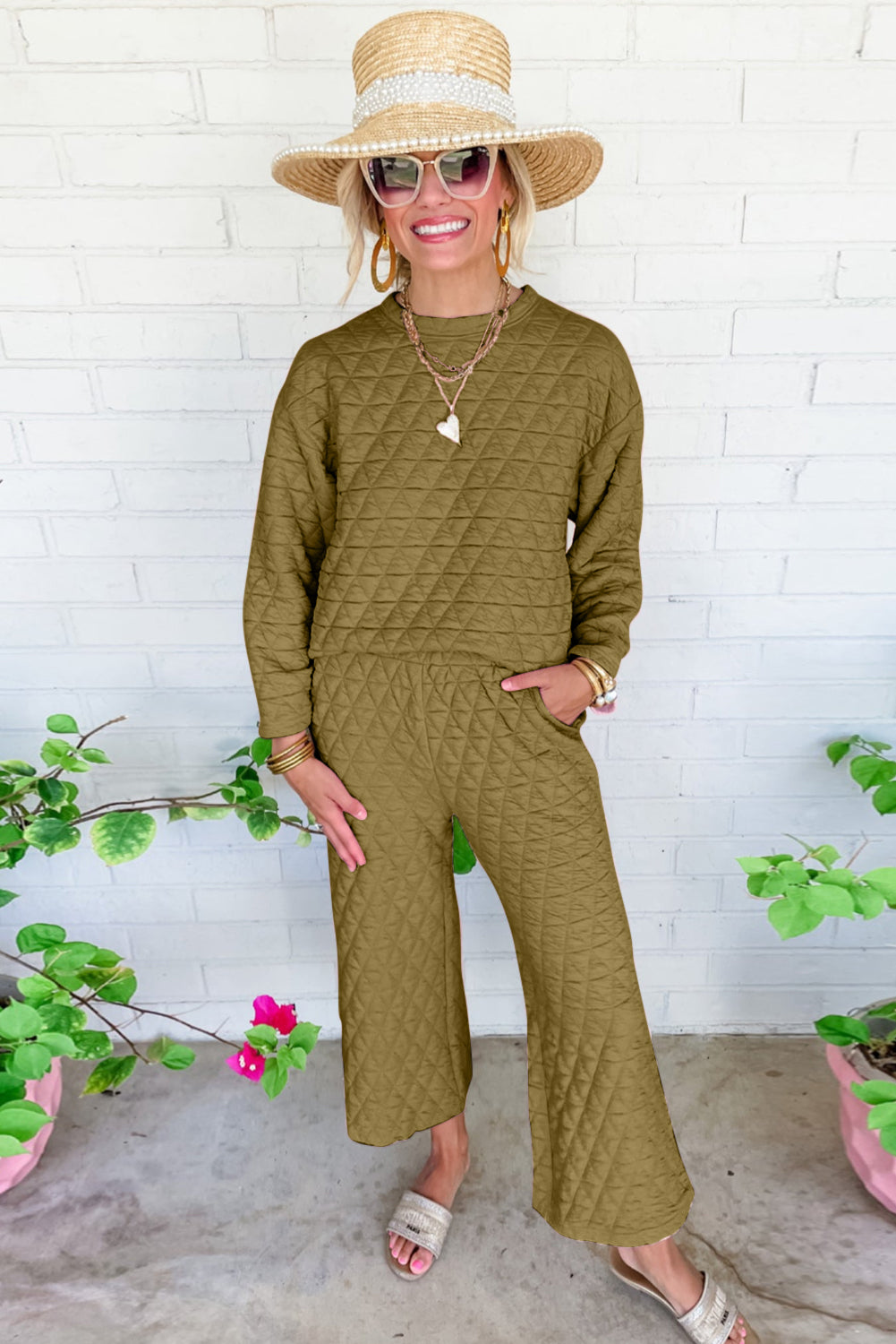 Sage Green Solid Quilted Pullover and Pants Outfit