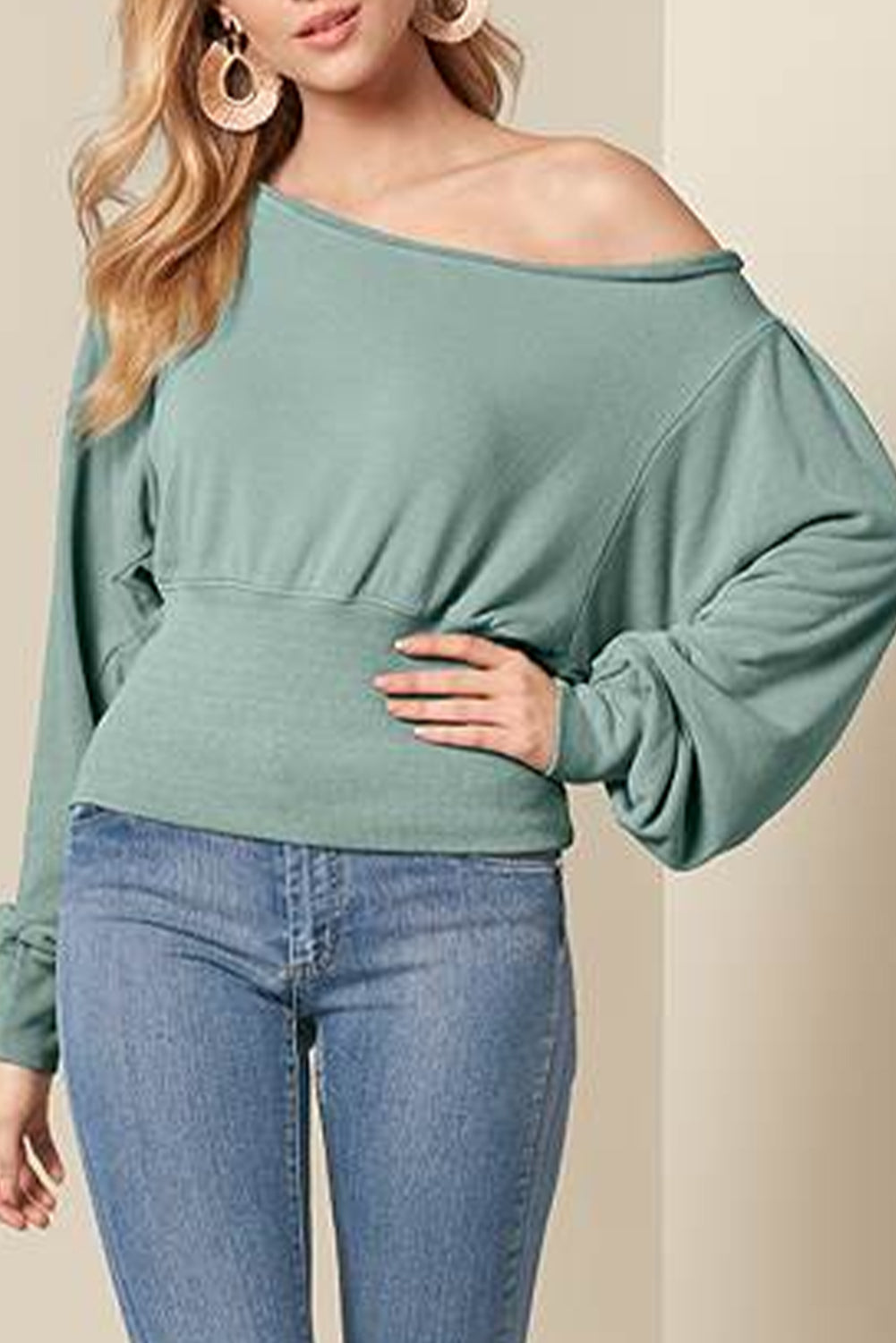 Green Off Shoulder Bishop Sleeve Cinched Waist Blouse