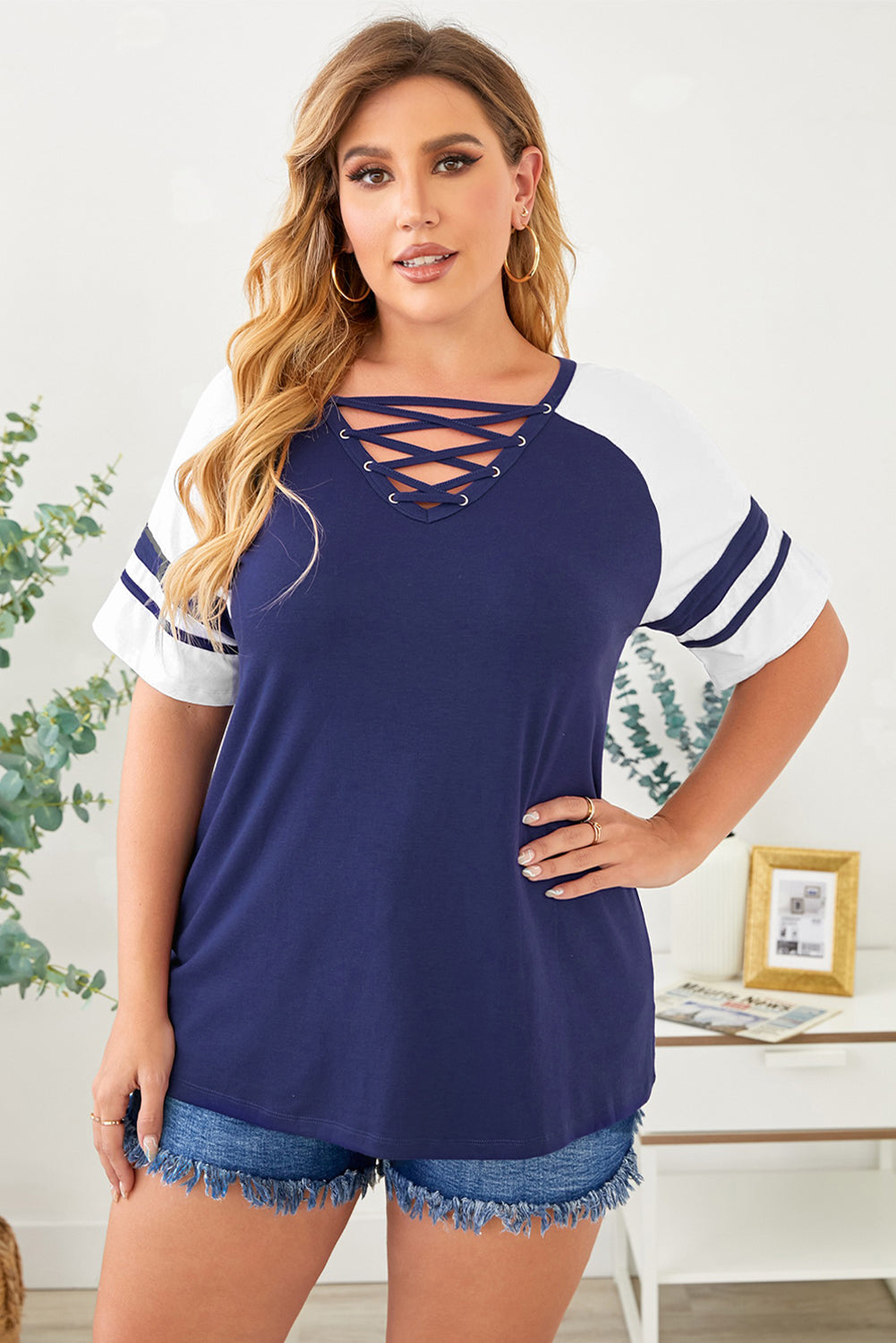 Blue Crisscross V Neck Raglan Sleeve Plus Size Tee