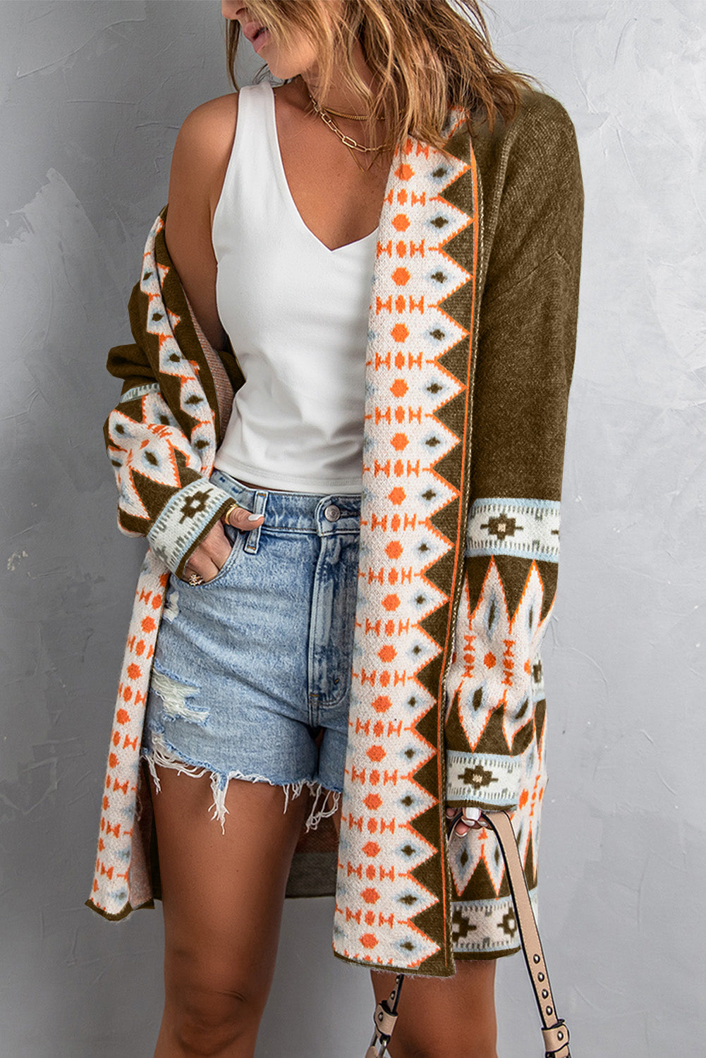 Brown Aztec Print Open Front Knitted Cardigan