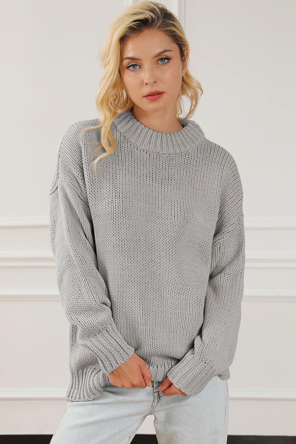 Light Grey Chunky Knit Turtle Neck Drop Shoulder Sweater