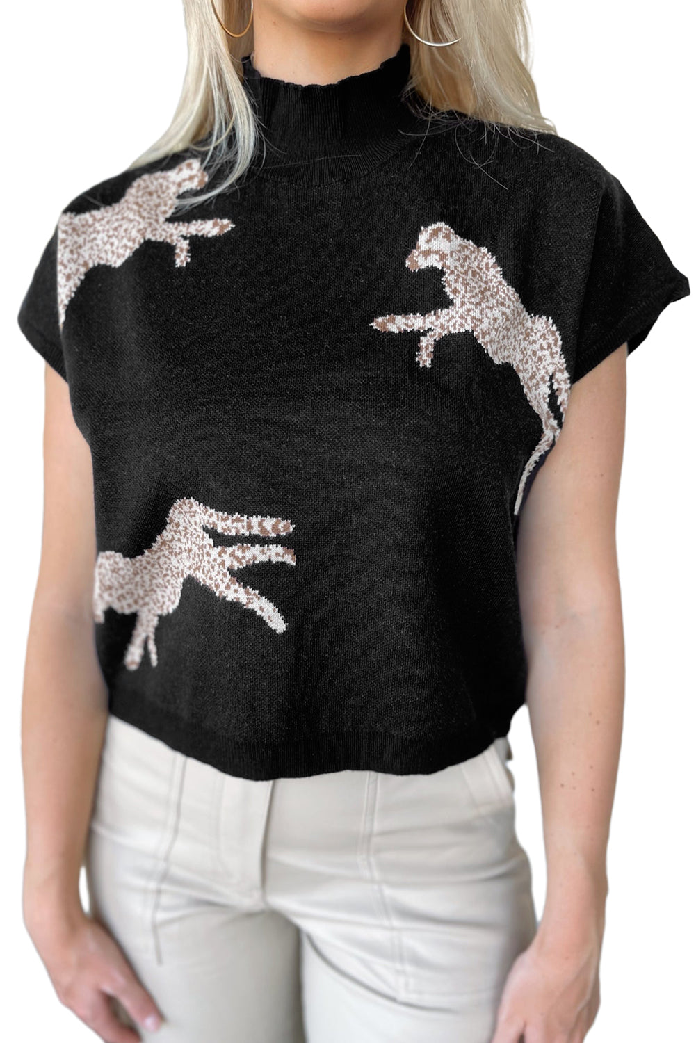 Black Lively Cheetah Pattern High Neck Short Sleeve Sweater