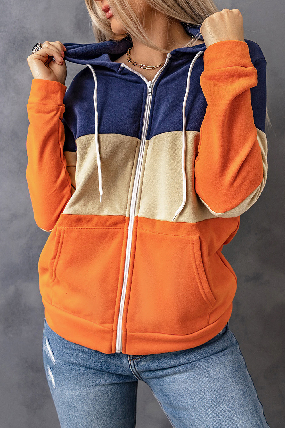 Orange Zip Front Color Block Splicing Drawstring Hoodie