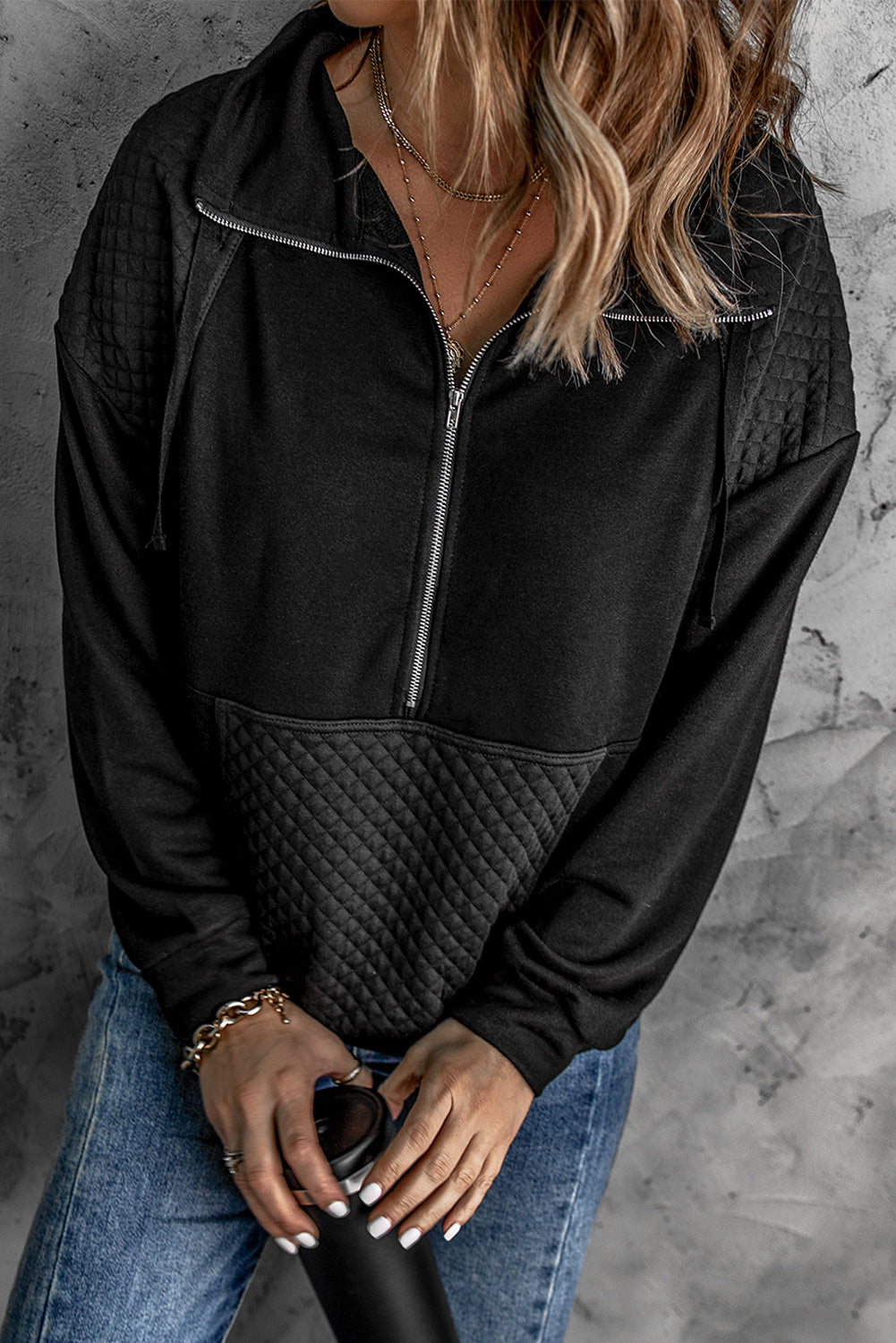 Black Quilted Patch Half Zipper Sweatshirt