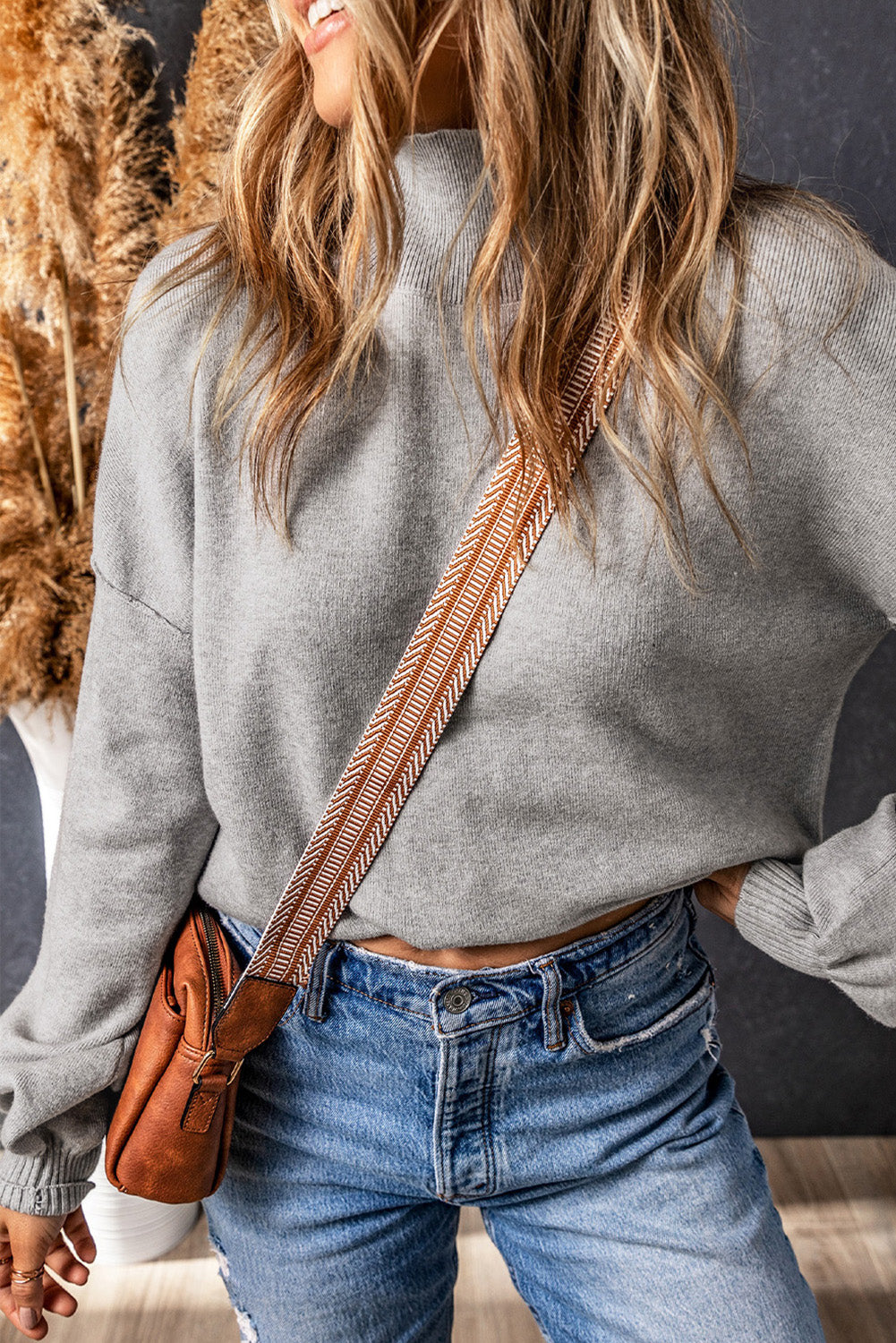 Gray Turtleneck Drop Shoulder Bubble Sleeve Knit Sweater