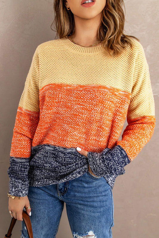 Blue Color Block Netted Texture Pullover Sweater