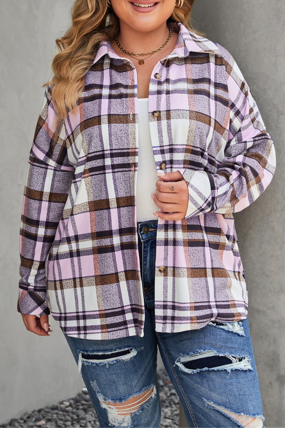 Pink Plus Size Plaid Fringed Back Button Shacket