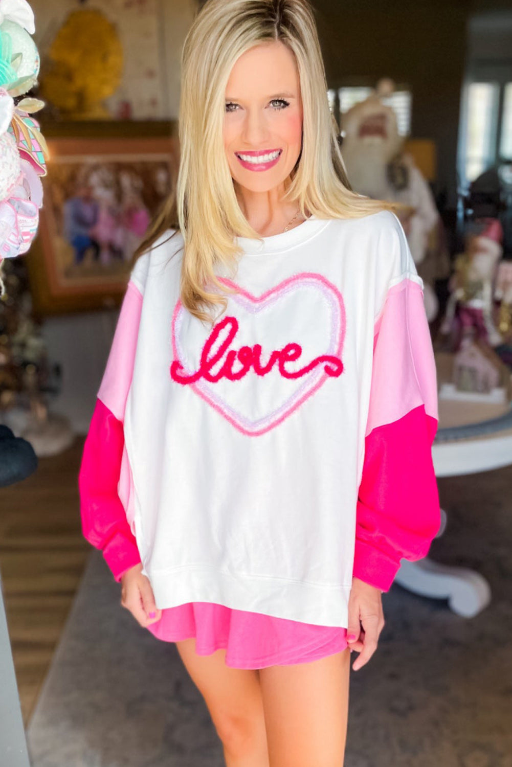White Tinsel Love Heart Graphic Color Block Sleeve Sweatshirt