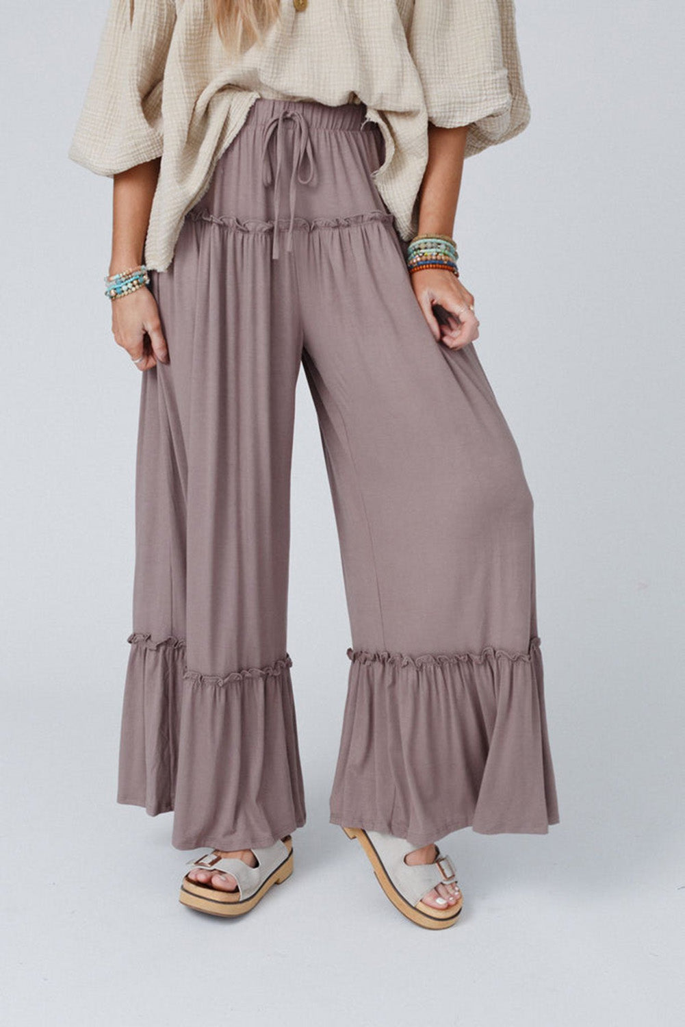 Khaki Frilled Drawstring High Waist Wide Leg Pants