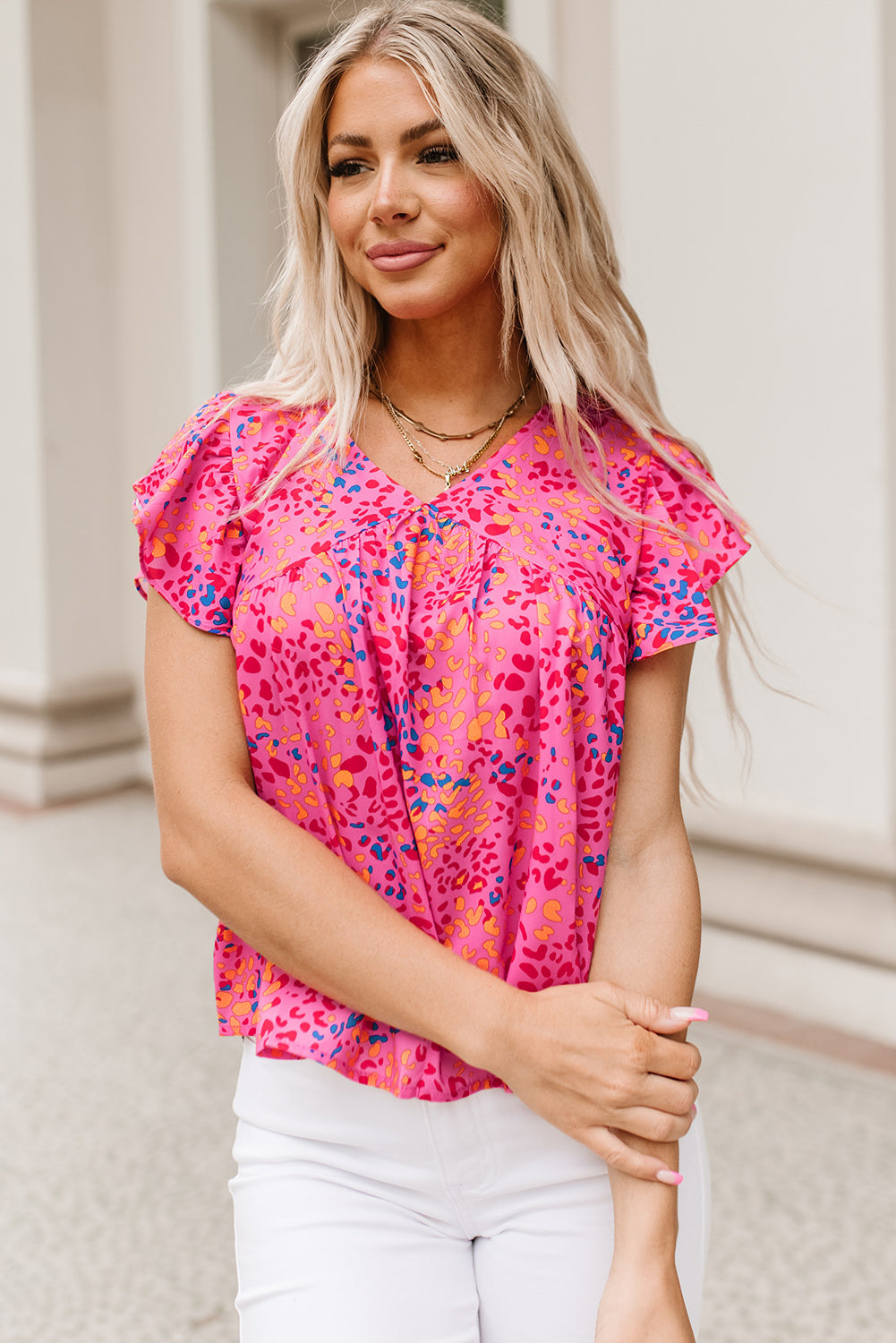 Fiery Red Leopard Print V Neck Flutter Sleeve Blouse