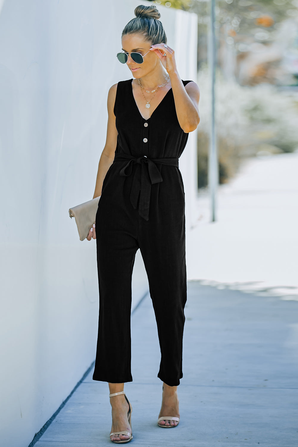 Black V Neck Button Belted Jumpsuit with Pockets