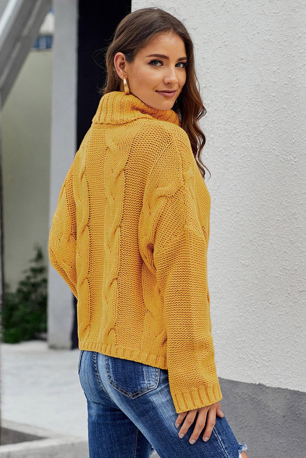 Yellow Cuddle Weather Cable Knit Handmade Turtleneck Sweater