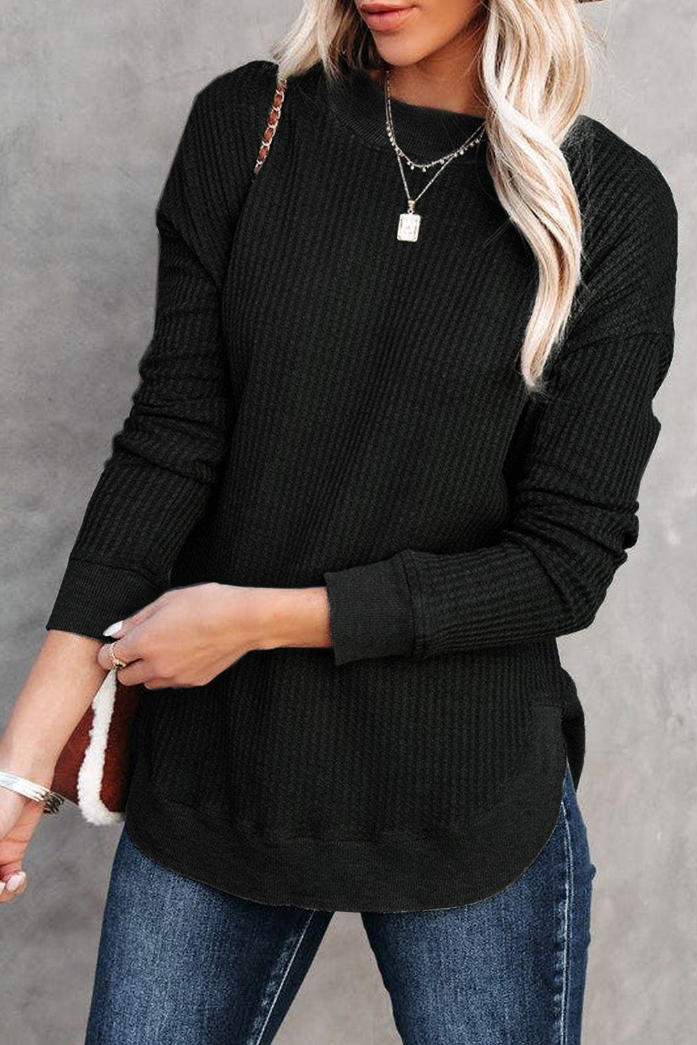 Black Crew Neck Ribbed Trim Waffle Knit Top