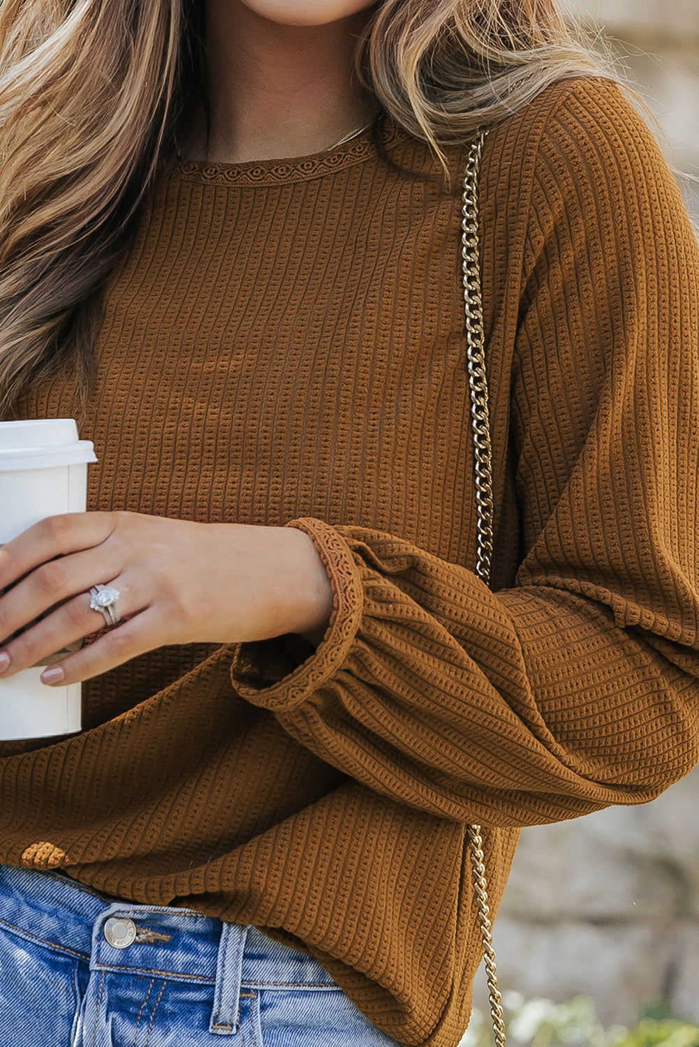 Brown Textured Round Neck Puff Sleeve Top