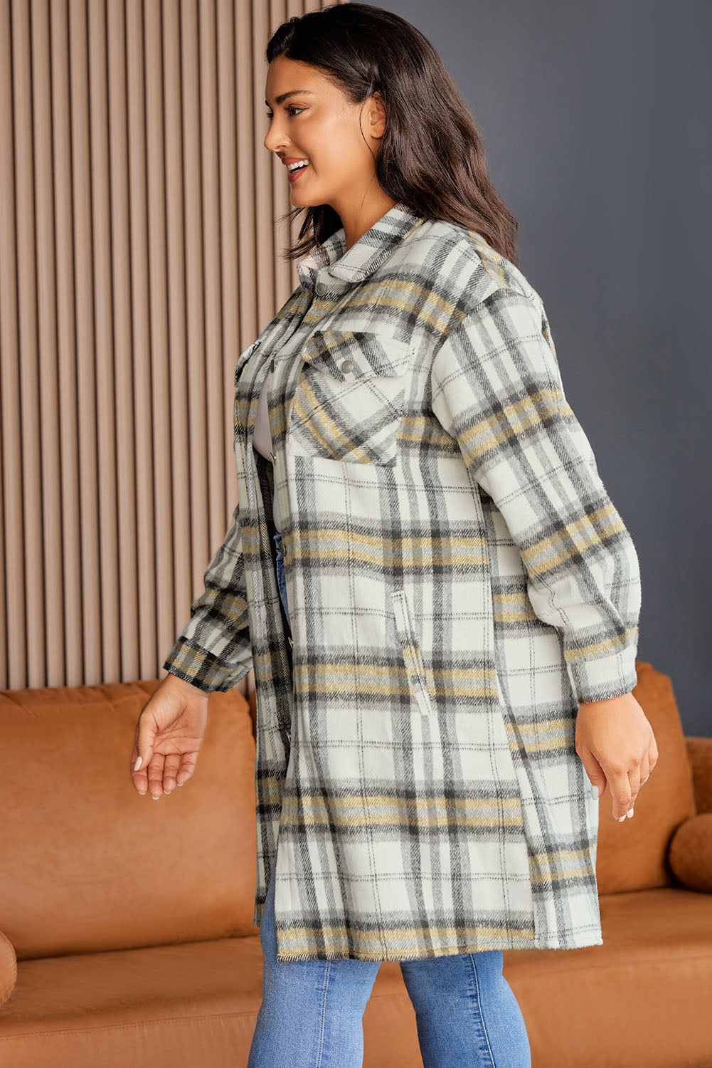 Multicolor Plus Size Plaid Pocketed Side Slit Shacket