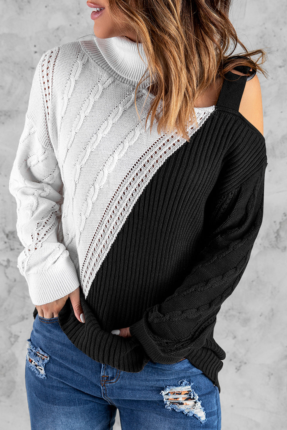 Black Turtleneck Cold Shoulder Sweater