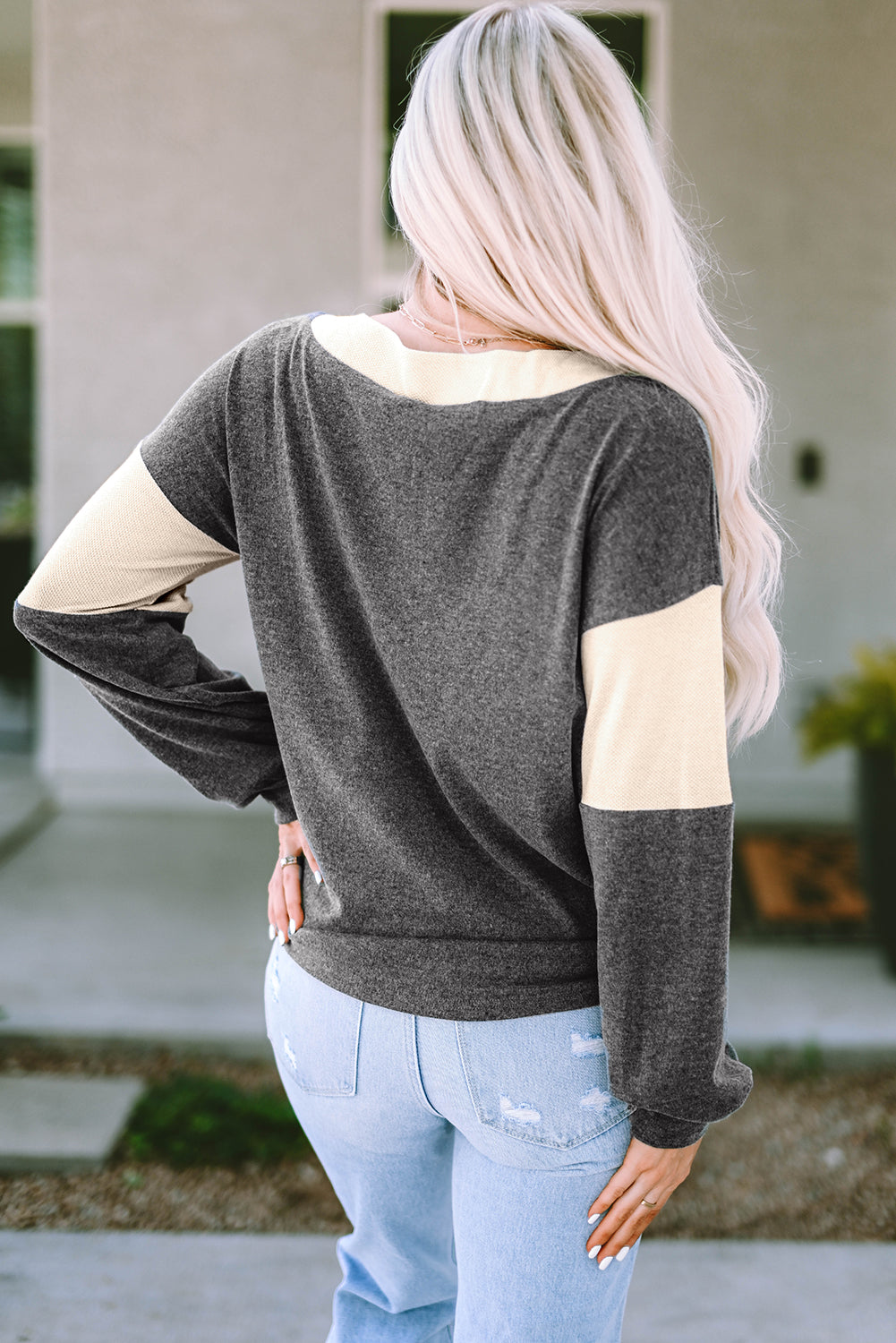 Black Brushed Contrast Knit V Neck Colorblock Long Sleeve Top