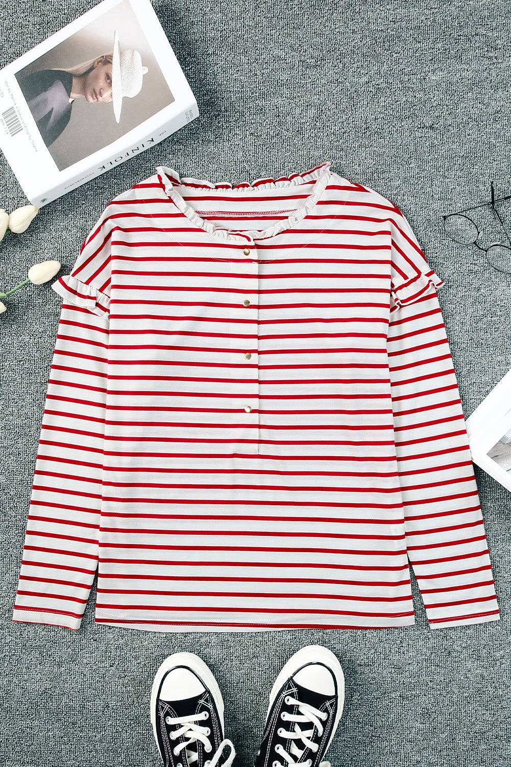 Red Striped Print Ruffled Buttoned Long Sleeve Top