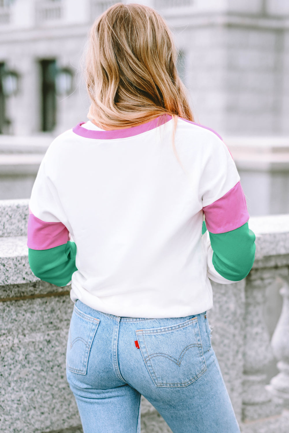 Pink Ribbed V Neck Color Block Patchwork Sweatshirt