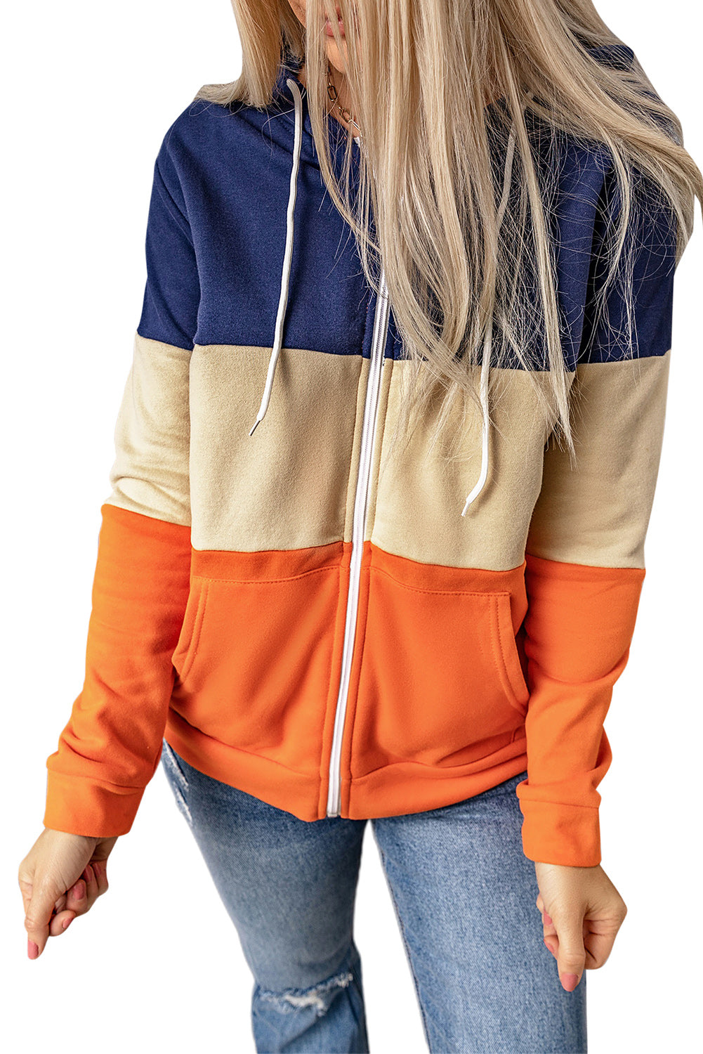 Orange Zip Front Color Block Splicing Drawstring Hoodie