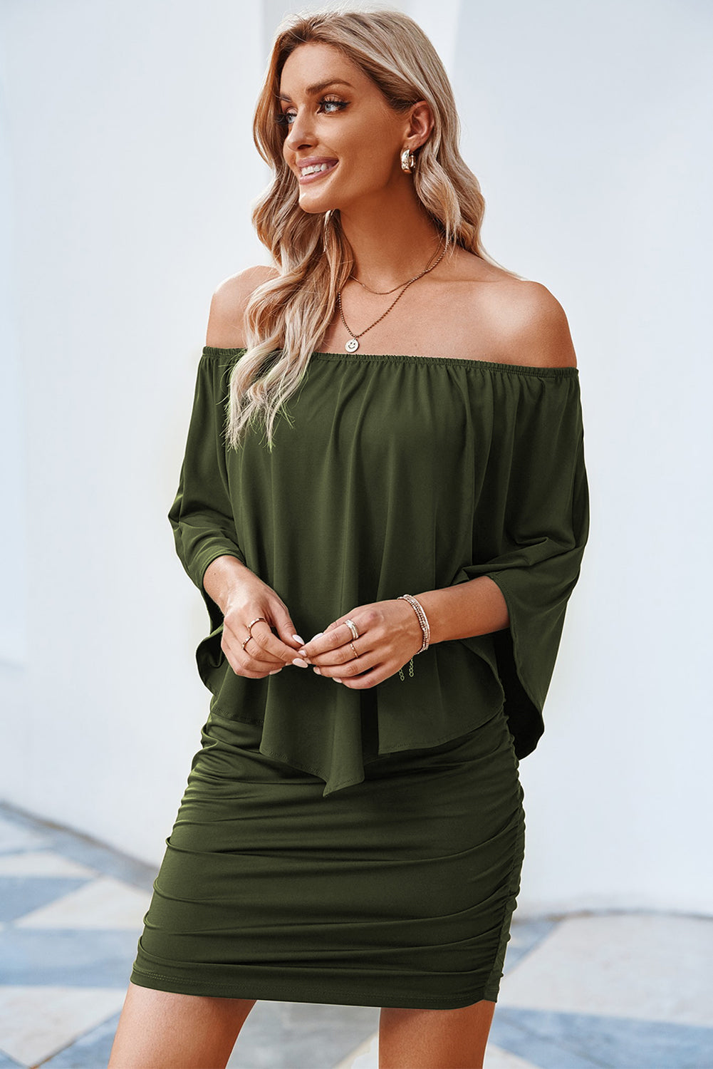 Dressing Layered Army Green Mini Poncho Dress