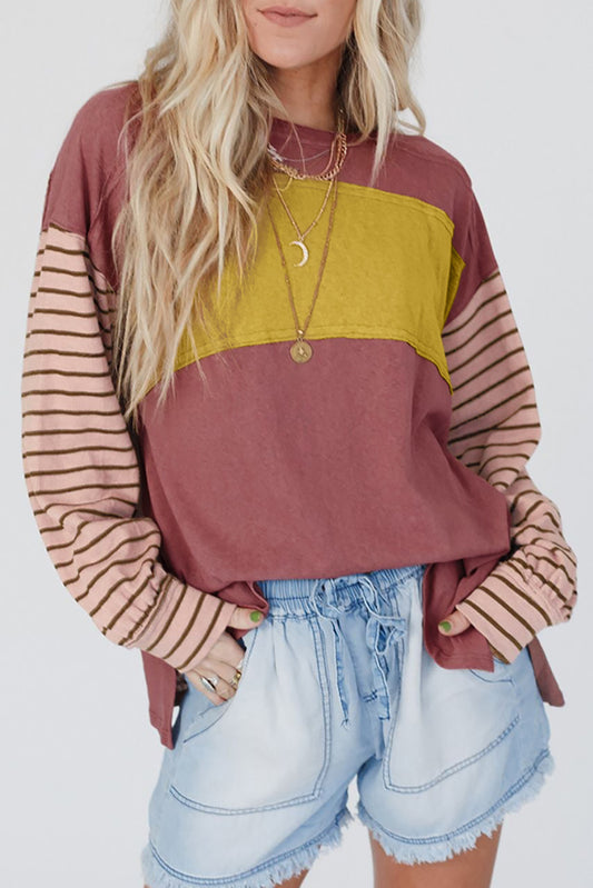 Fiery Red Colorblock Striped Bishop Sleeve Top