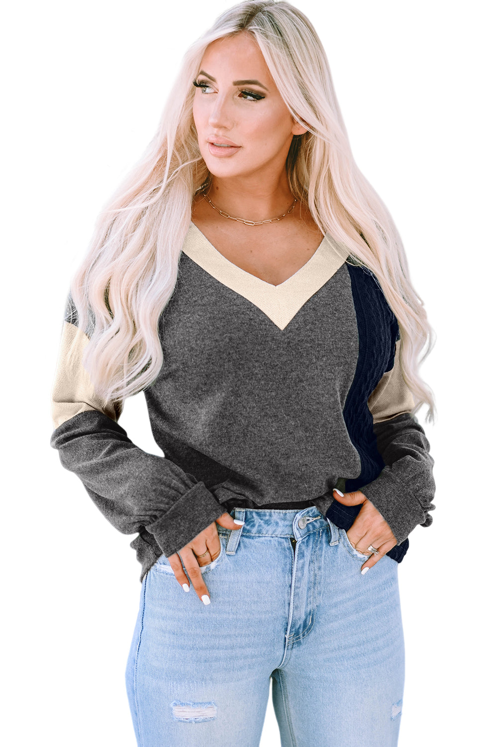 Black Brushed Contrast Knit V Neck Colorblock Long Sleeve Top