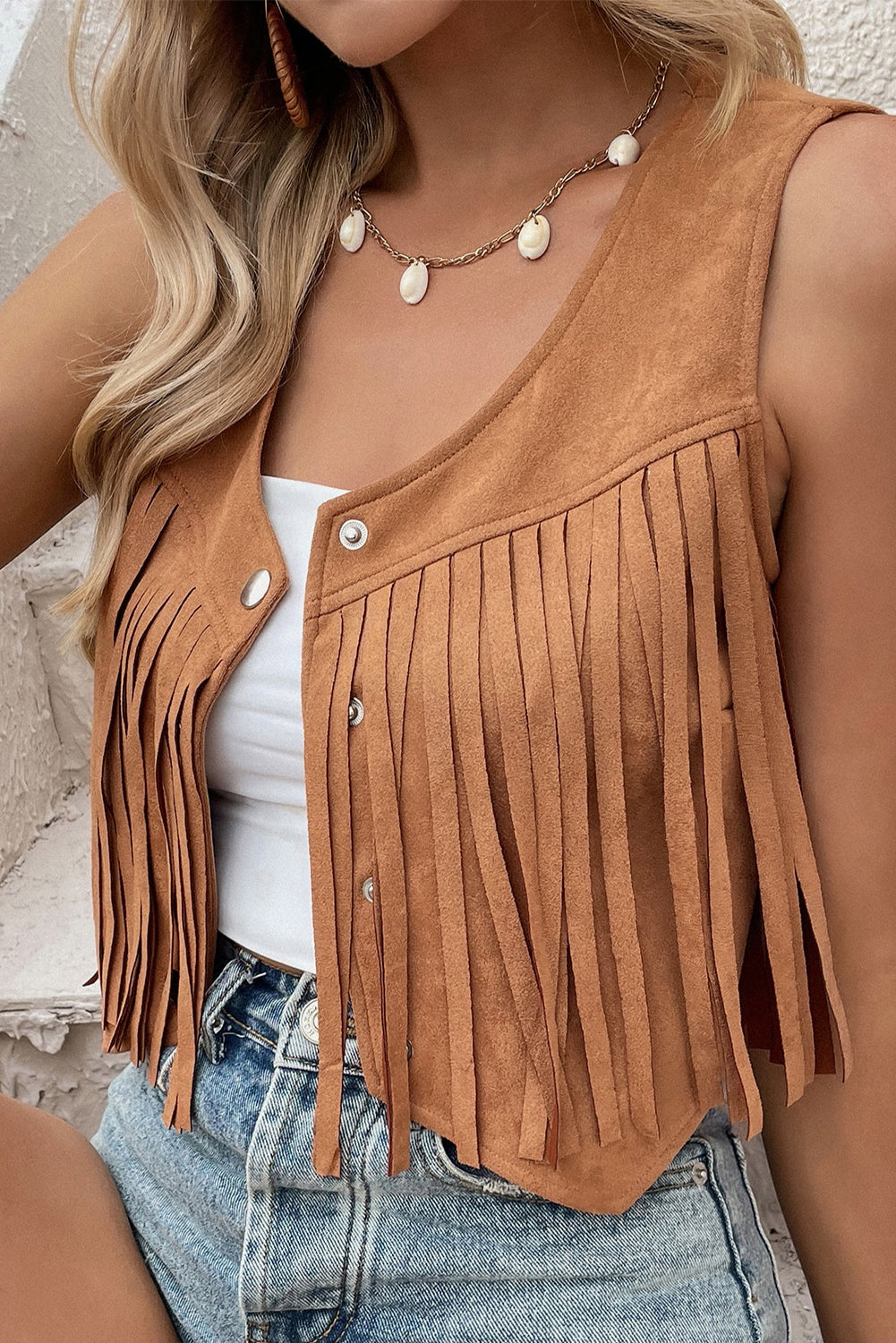 Camel Fringed Snap Button Front Suedette Vest