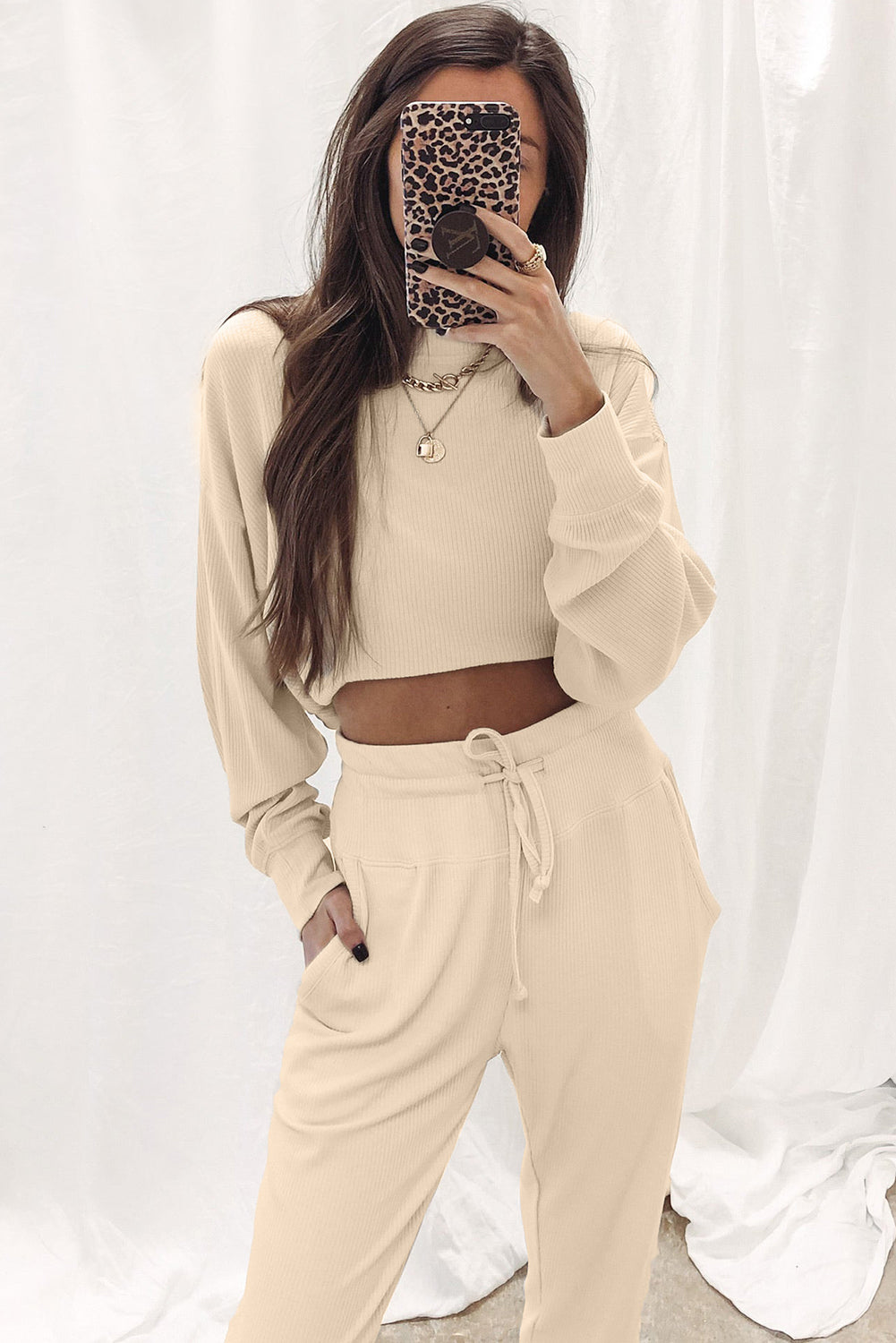 Apricot Ribbed Long Sleeve Drawstring Pants Set