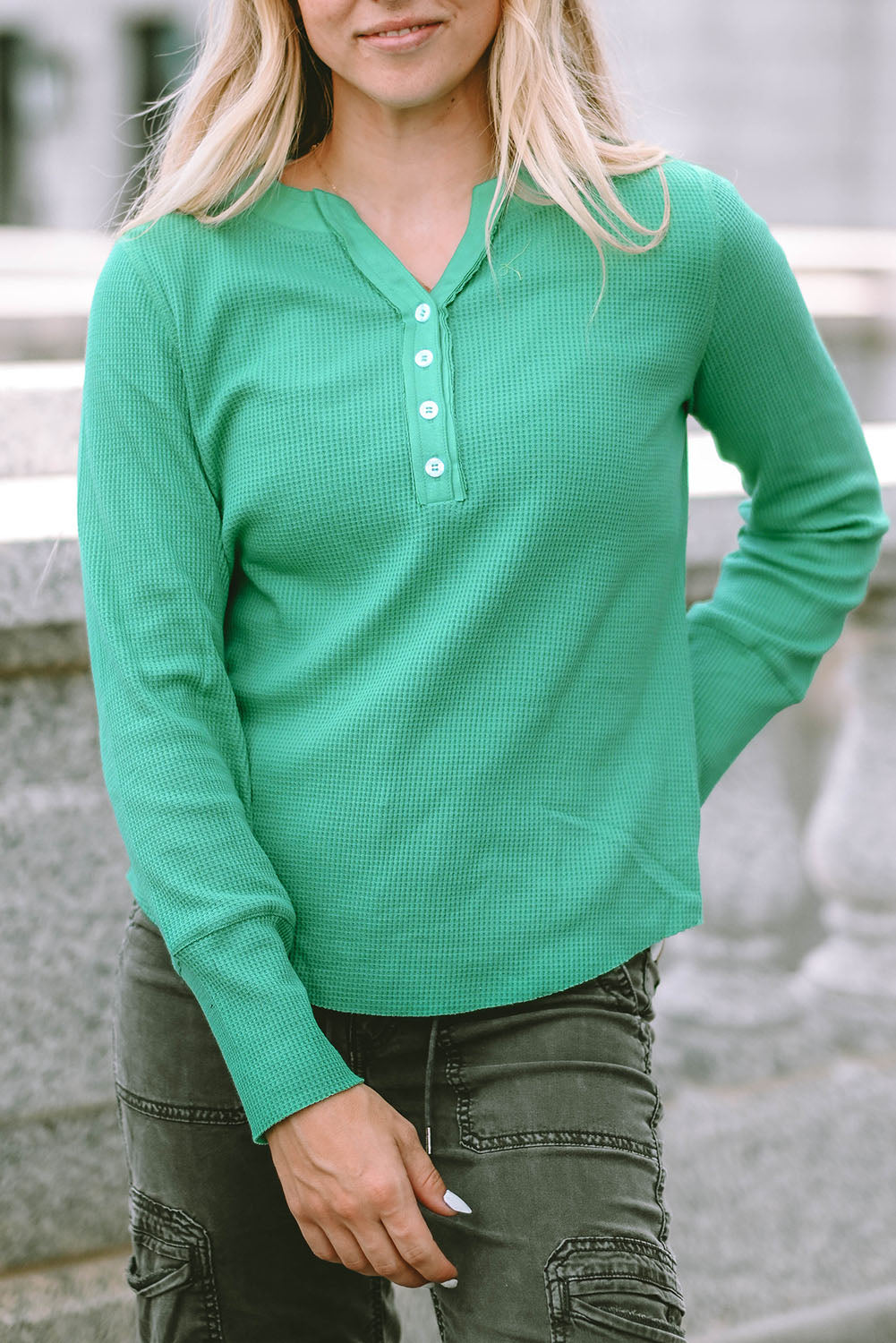 Green Trimmed Neckline Waffle Knit Henley Top