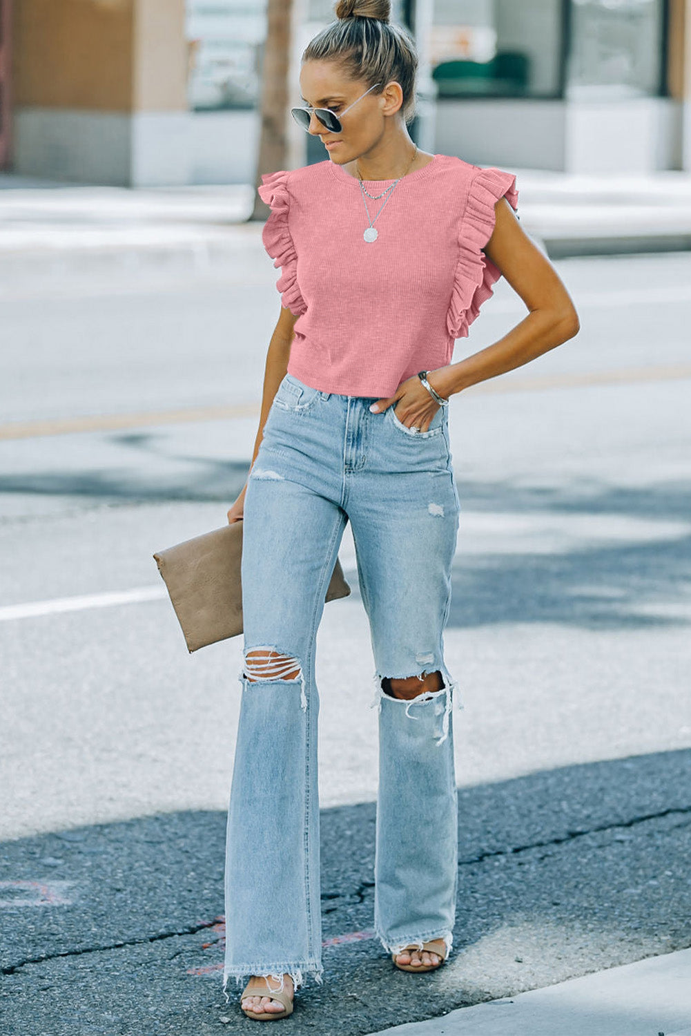 Pink Ruffled Crew Neck Crop Top