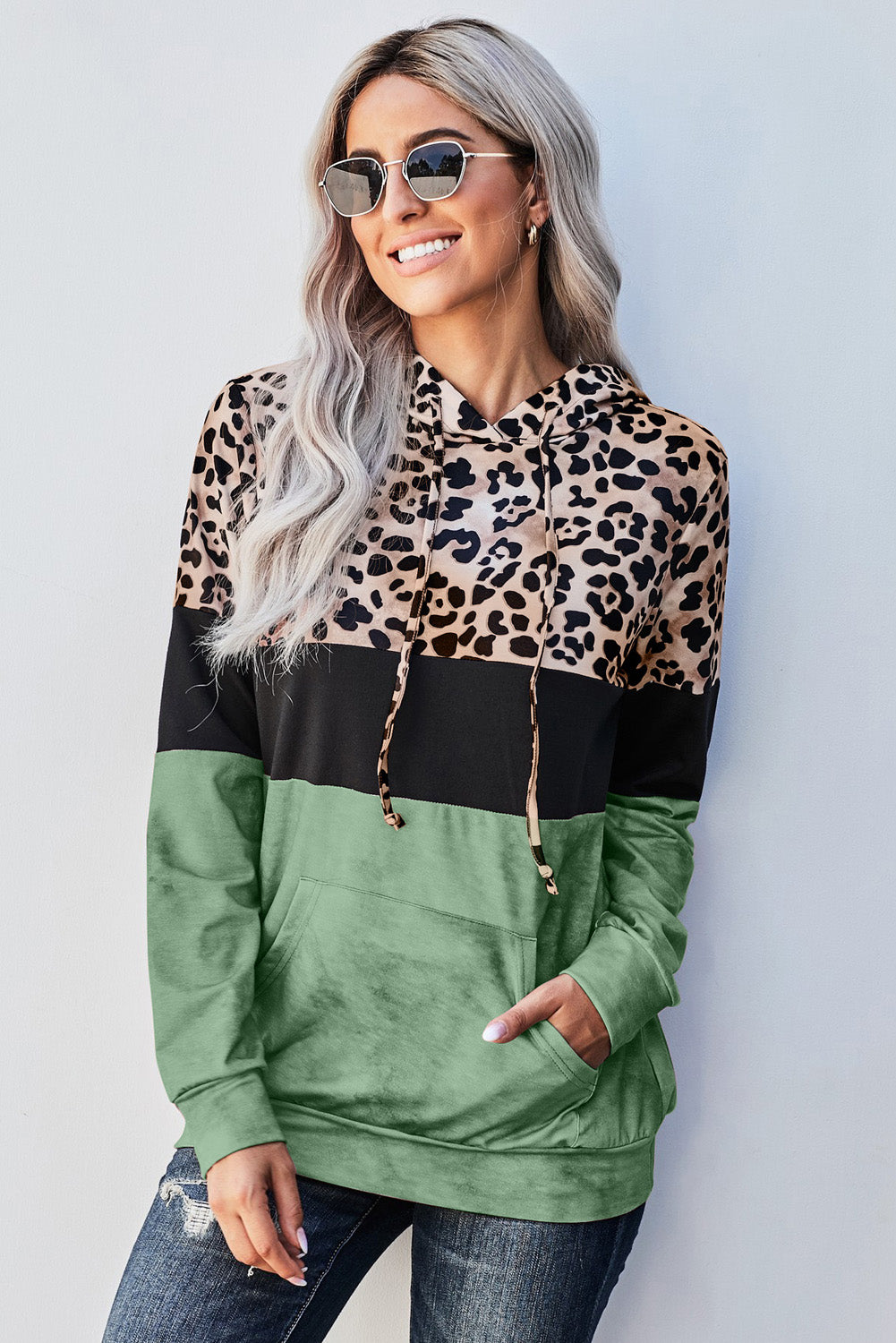 Green Leopard Tie Dye Colorblock Hoodie