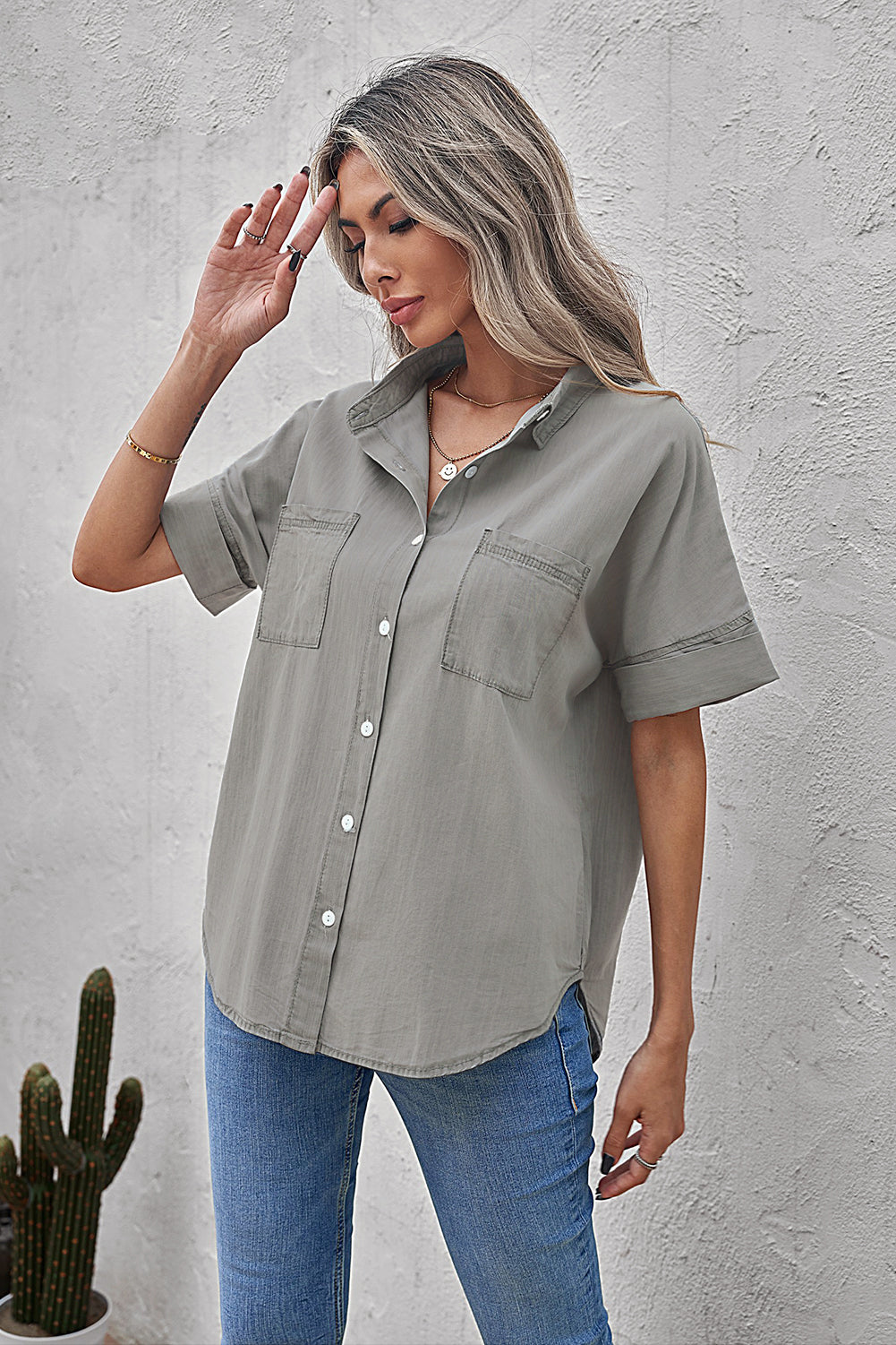 Turn-down Collar Short Sleeve Denim Shirt