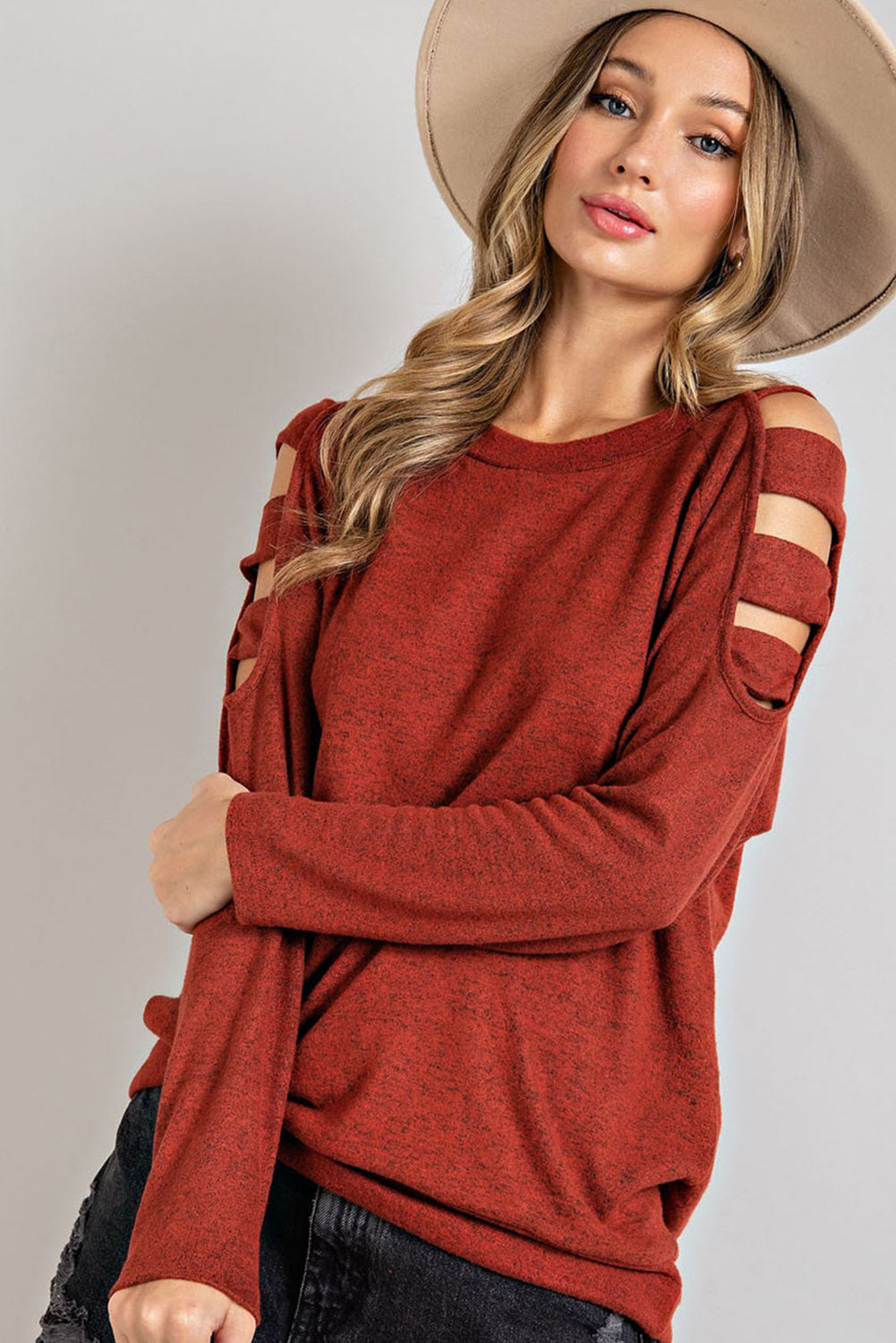 Orange Cutout Cold Shoulder Long Sleeve Top