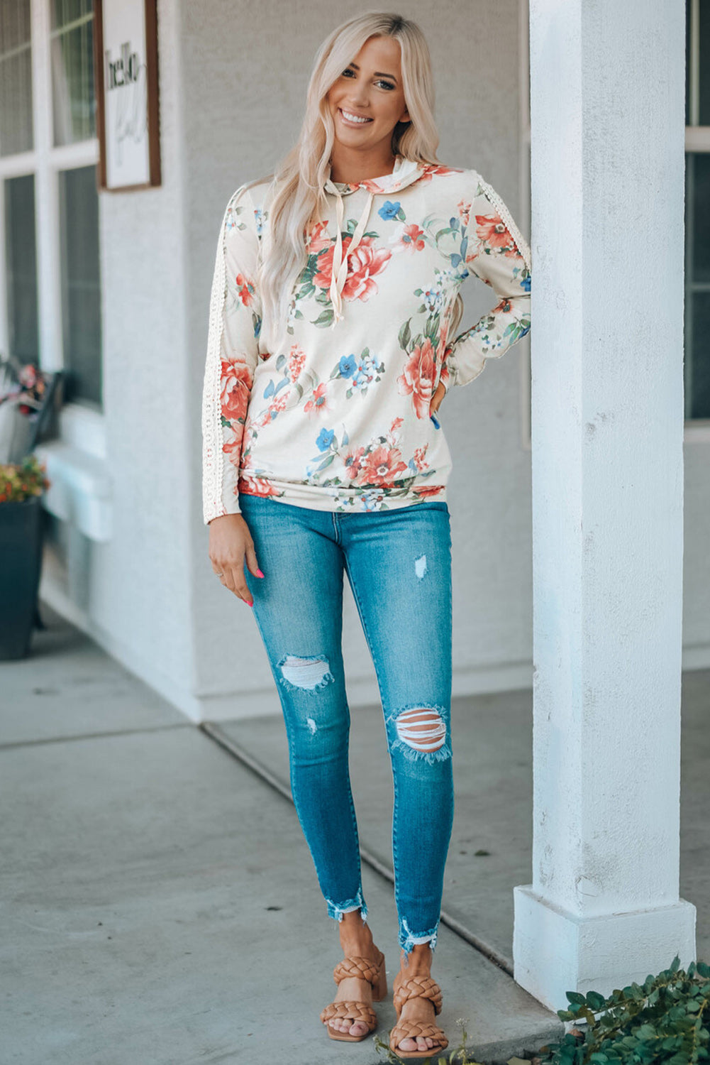 Apricot Floral Print Lace Contrast Long Sleeve Hoodie