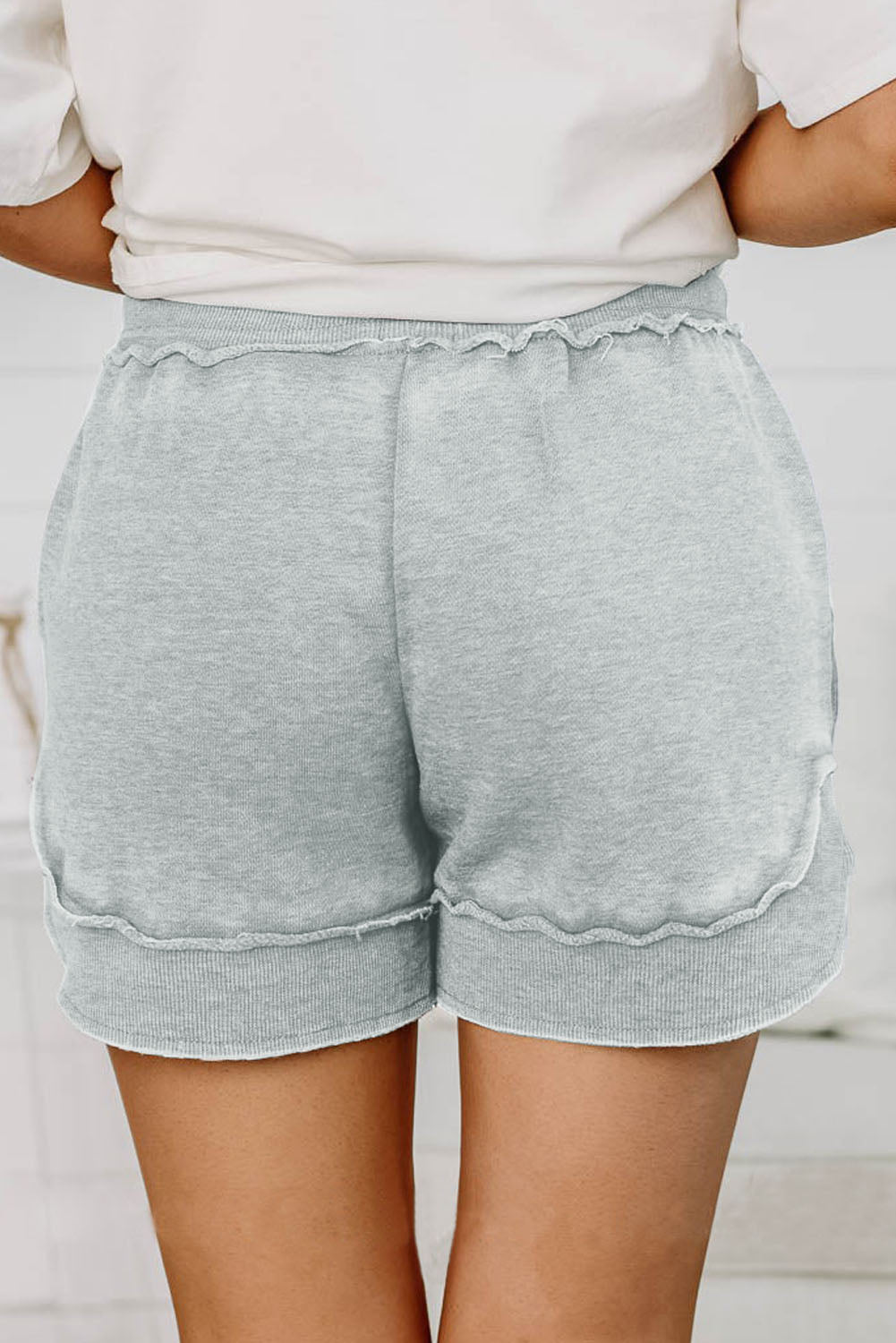 Gray Ribbed Trim Knit Casual Shorts