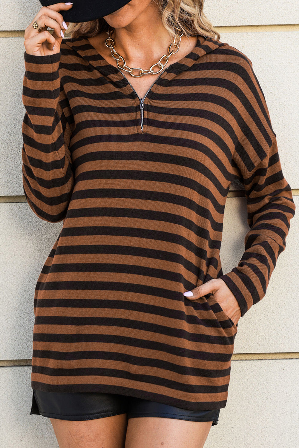 Brown Striped Knit Quarter Zip Hoodie