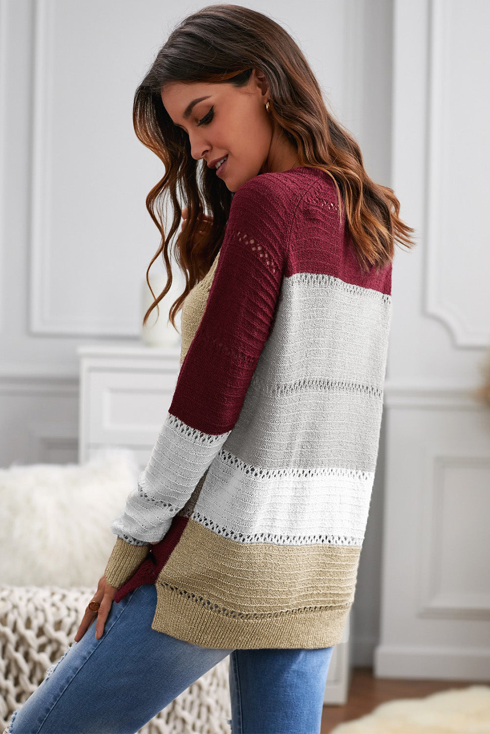 Wine Accent Knitted Color Block Long Sleeve Crew Neck Sweater