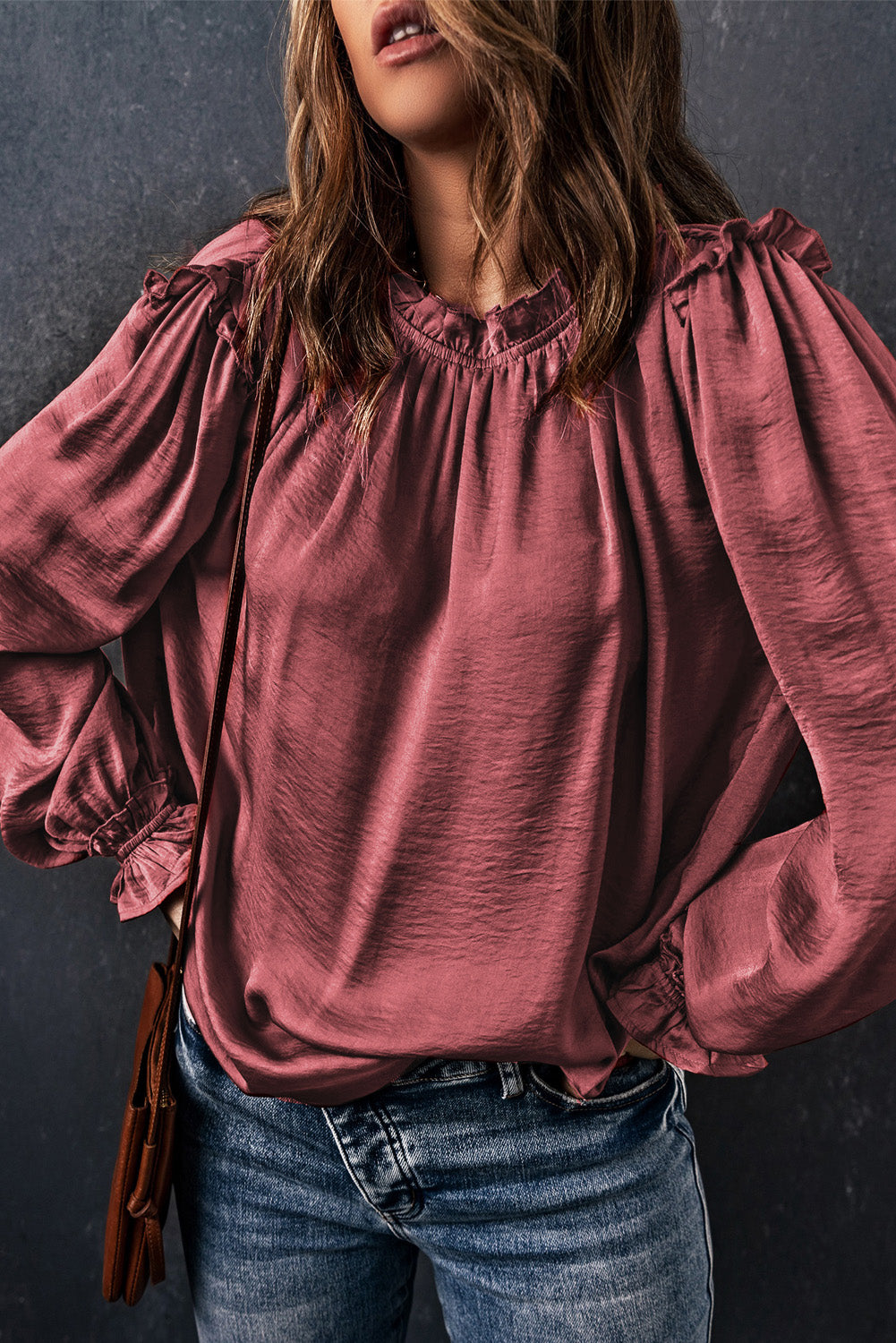 Fiery Red Frilled Neck Ruffled Long Sleeve Blouse