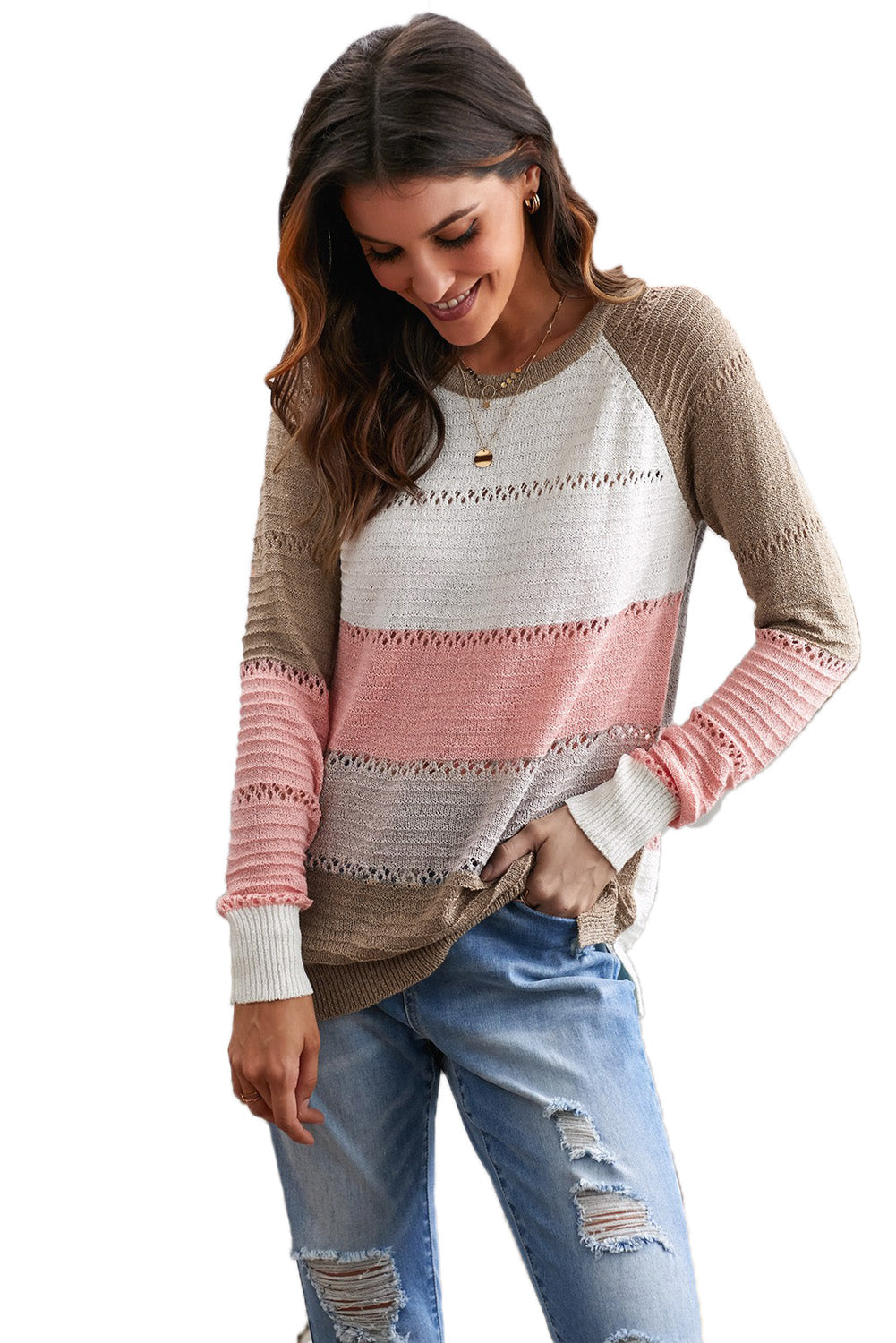 Multi-color Knitted Color Block Long Sleeve Crew Neck Sweater